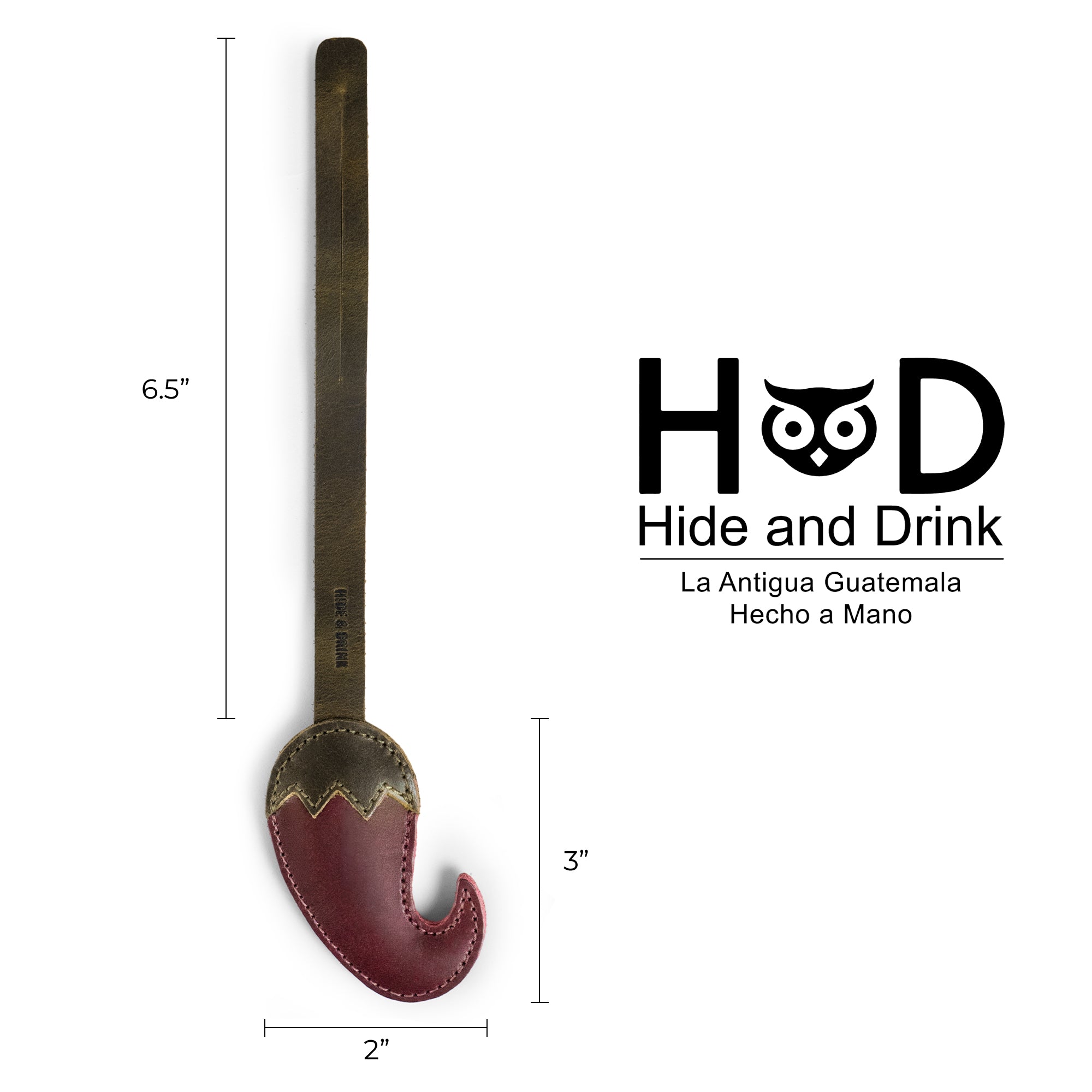 The Hot Pepper Bag Charm by Hide & Drink is displayed alongside dimensions, highlighting its handcrafted design from full grain leather. This artisan piece, made in La Antigua Guatemala & Oaxaca Mexico, is expertly hand cut, hand sewn, and fire branded, making it a perfect ornament for women looking for stylish purse charms to enhance their bags.
