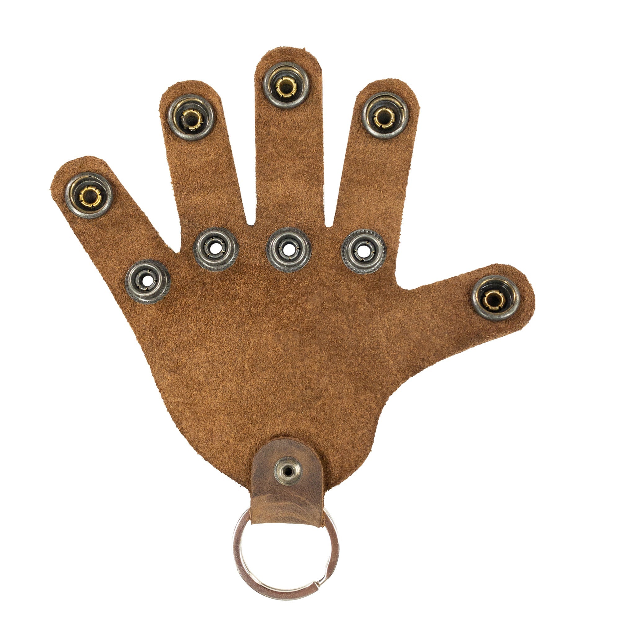 Charming Hand Keychain by Hide & Play, showcasing a playful full grain leather hand shape. This functional Full Grain Leather Hand Shape Keychain works great as a keyring or key organizer. Handmade with love in La Antigua Guatemala & Oaxaca Mexico, it features artisan techniques and a commitment to quality in small batch production.