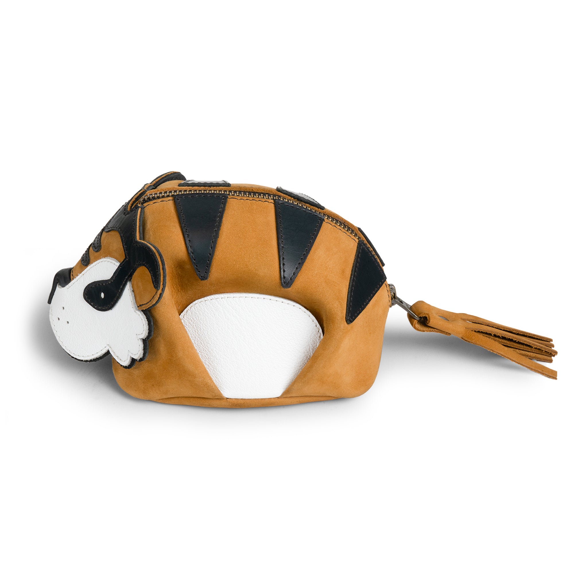 Side view of the Tiger Leather Pouch from Tudi Frudi, highlighting its unique design as a Change Bag. This functional Tiger-Shaped Pouch is perfect for essentials, made of Full Grain Leather, hand sewn, and artisan crafted in La Antigua Guatemala & Oaxaca Mexico.