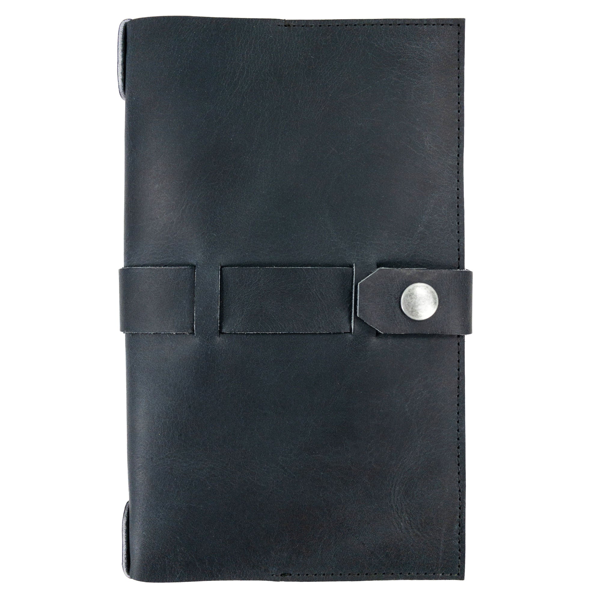 Detailed view of Hide & Drink's Riveted Field Note Cover for Moleskine (5 x 8.25 in.) Notebook NOT Included, showcasing its robust black full grain leather exterior. Perfect for writers on the go, made with artisan dedication in La Antigua Guatemala & Oaxaca, Mexico.