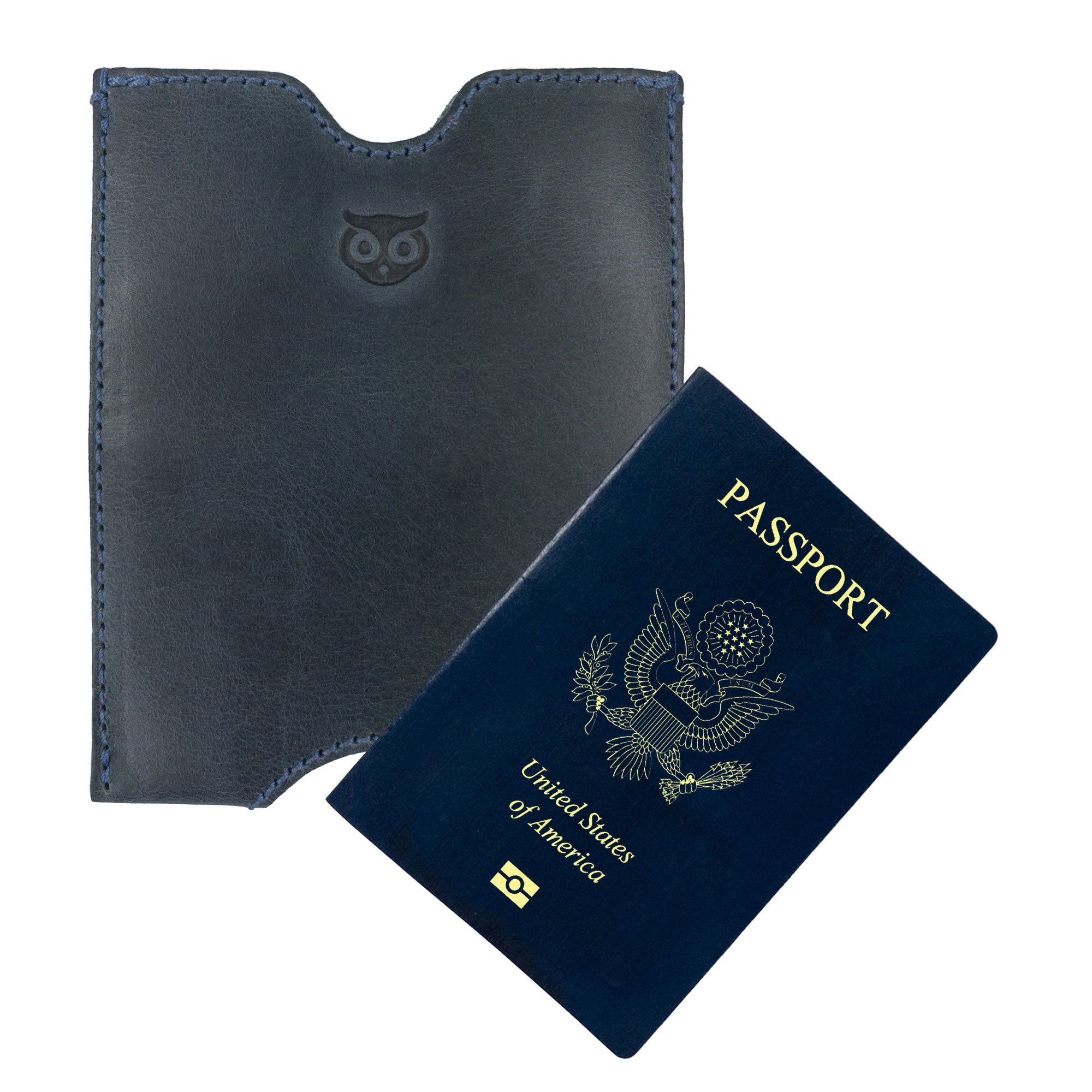 The Hide & Drink Passport Sleeve holding a U.S. passport, emphasizing its snug fit and stylish design. This full grain leather travel passport pocket sleeve is handcrafted and ready for your adventures. Features tags: Travel Passport Pocket Sleeve, Full Grain Leather, StockyardX, Small Batch Production, Hand Cut, Hand Sewn, Fire Branded, Artisan, Handmade in La Antigua Guatemala & Oaxaca Mexico.