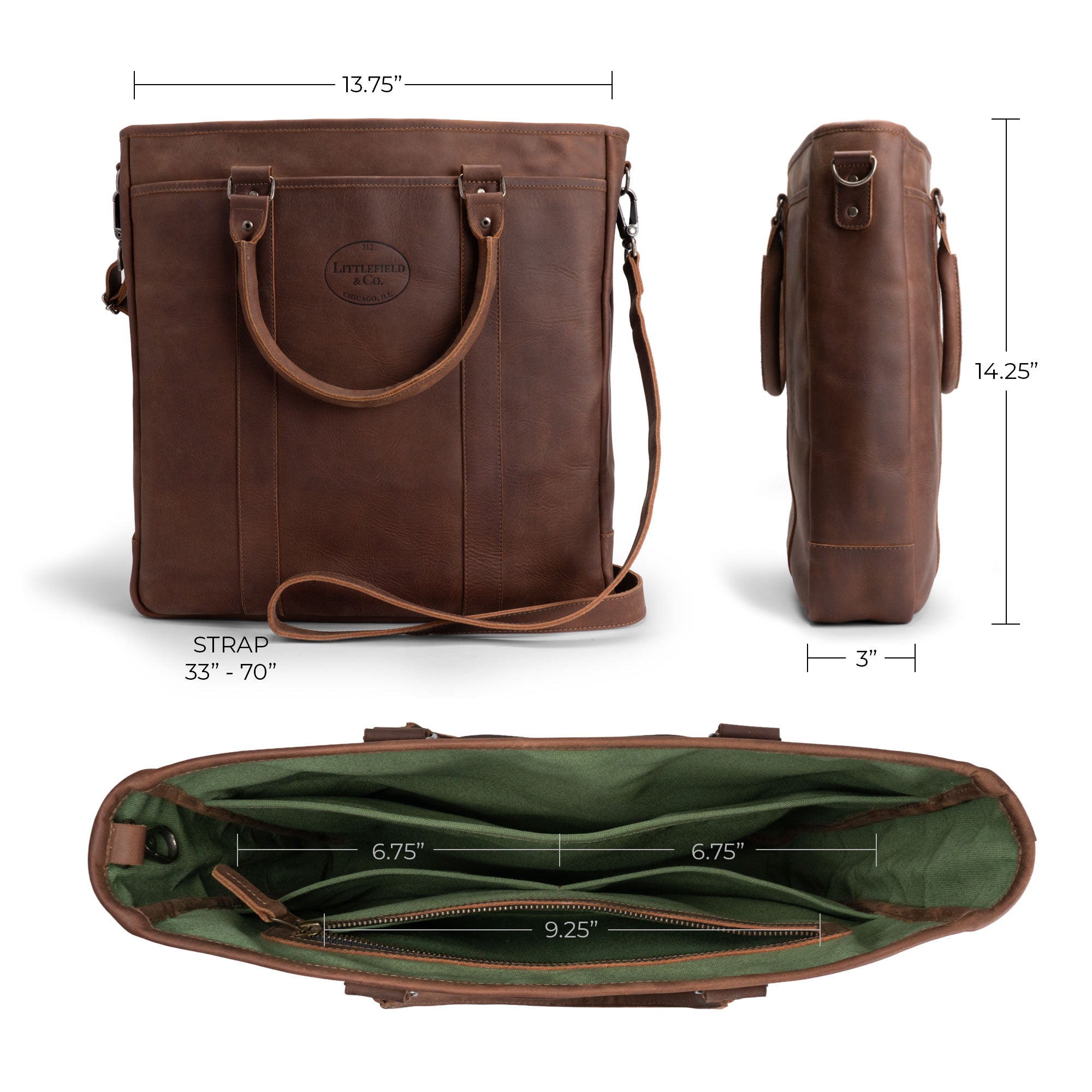 Dimensions and details of Littlefield & Co. Vintage Tote Vertical Briefcase & Laptop Carrier, featuring its size and versatile strap. This handmade artisan bag is crafted from full grain leather, providing an easy access bag for work, travel, and weekend getaways, reflecting the fine craftsmanship of La Antigua Guatemala.