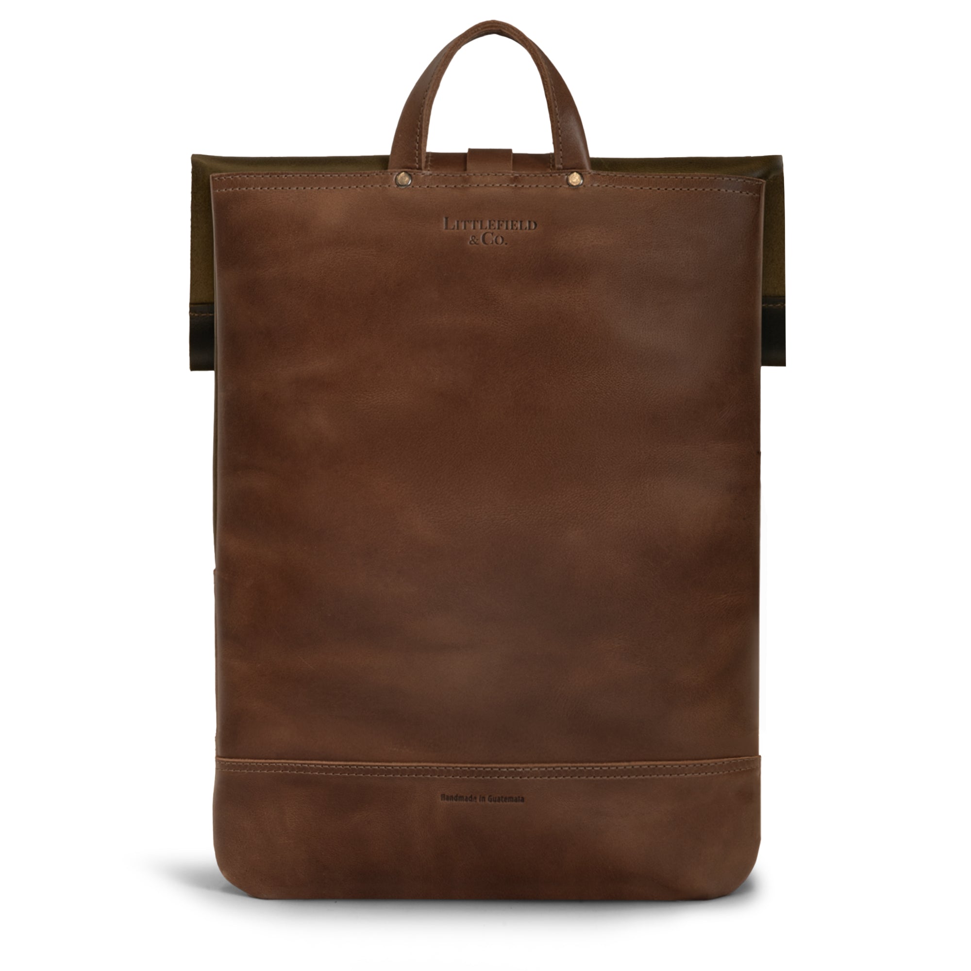 Backside of the Adventurer Laptop Bag by Littlefield Chicago, featuring the rich brown leather texture and elegant design, perfect for everyday use and travel. Leather Adventurer Laptop Case, Rustic Cover, Travel Accessories, Full Grain Leather, Small Batch Production, Hand Cut, Hand Sewn, Artisan, Handmade in La Antigua Guatemala & Oaxaca Mexico.