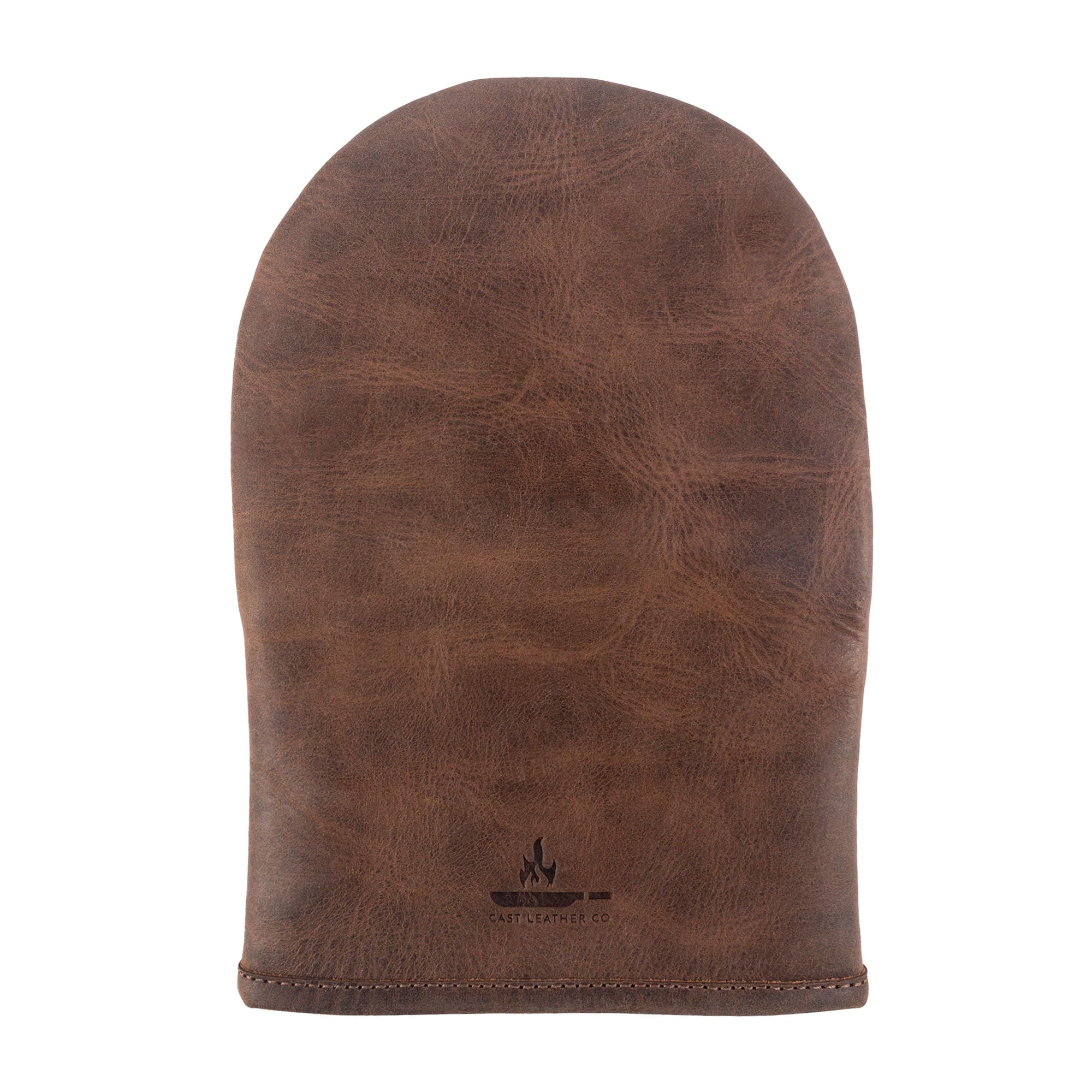 The stylish backside of the Cast Leather Co. Dual-Hand Leather Oven Mitt, featuring a smooth finish and sturdy construction, perfect for oven use. This oven glove is an essential cooking accessory made of Full Grain Leather, showcasing the unique craftsmanship of small batch production done in La Antigua Guatemala & Oaxaca Mexico.