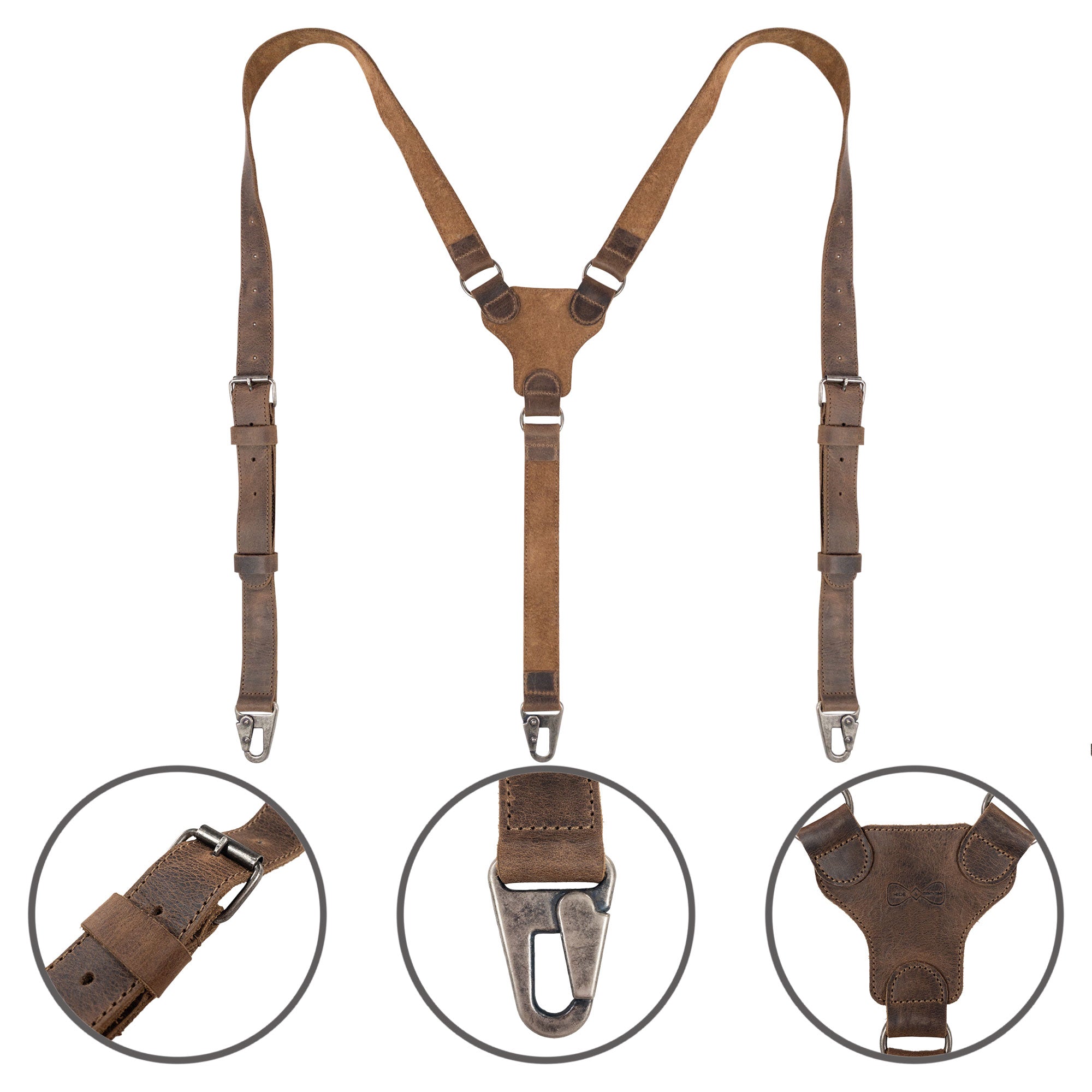 Detailed image of Hide & Groom's Leather Y Back Formal Suspenders showing adjustable straps and hooks. This Full Grain Leather Y Back Formal Suspenders design features a classic look for any formal occasion. Each piece is handmade and fire branded, adding to its artisan appeal.