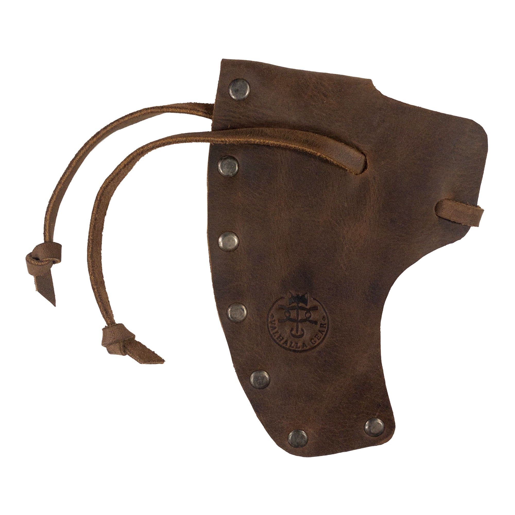 Close-up of the Axe Head Sheath with String by Valhalla Gear, showing its craftsmanship and durability. This artisan product, made with fire br branding, is perfect for hatchet owners and complements any fork bag for bikers, made from the finest full grain leather.