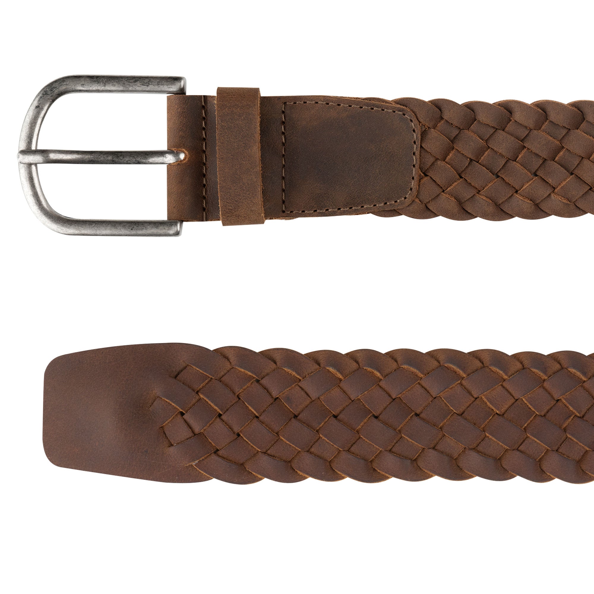 A close-up of the Single-Piece Braided Belt by Hide & Drink, focused on the details of the braided texture and the sturdy buckle. This artisan belt, crafted from full grain leather, showcases the beauty of small batch production and the dedication of handmade techniques from La Antigua Guatemala & Oaxaca Mexico, making it a stylish addition to any outfit.