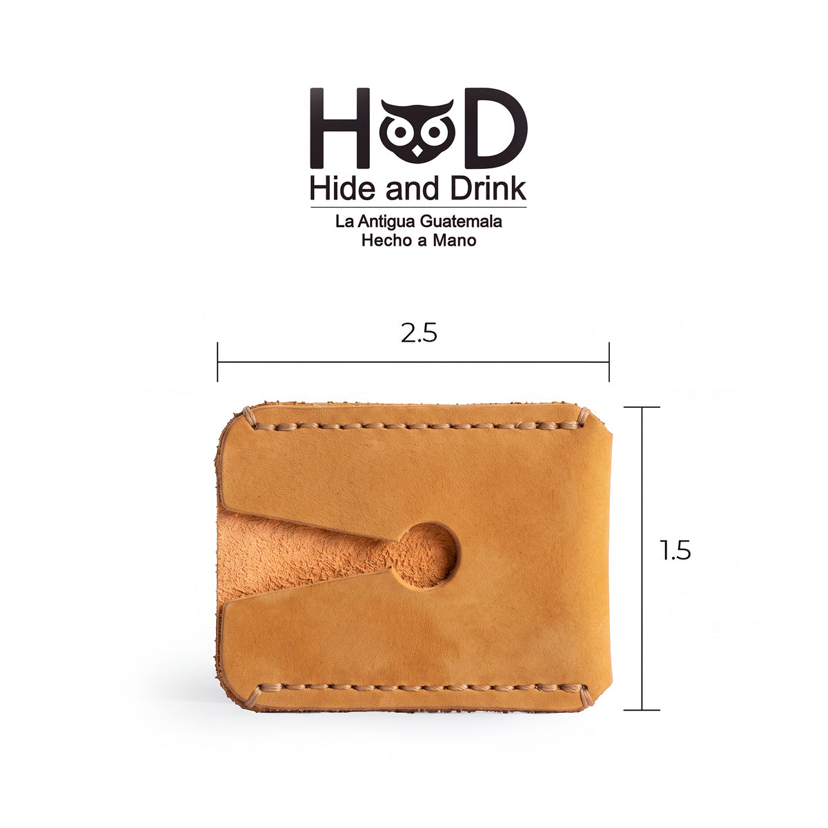 Top view showing the dimensions of the Hide & Drink Razor Head Cover, a handmade shaving travel cover made from full grain leather, featuring a protective sheath for your Double Edge Safety Razor.