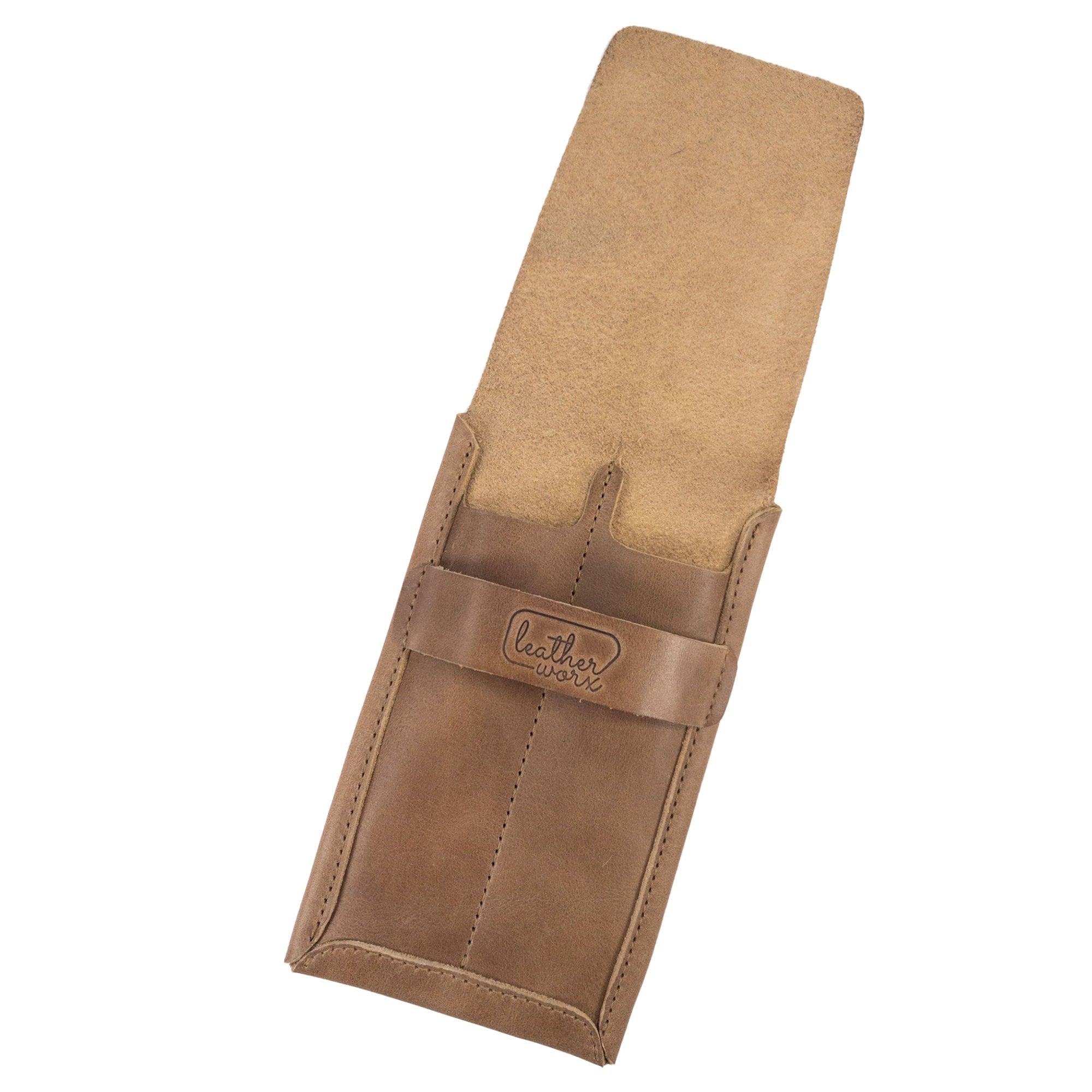 Open view of the Double Pen Case by Leather Worx, demonstrating its spacious interior for storing pens. Crafted from Full Grain Leather, this artisan piece features hand cut and hand sewn elements, representing the dedication to quality in handmade goods from La Antigua Guatemala & Oaxaca Mexico.