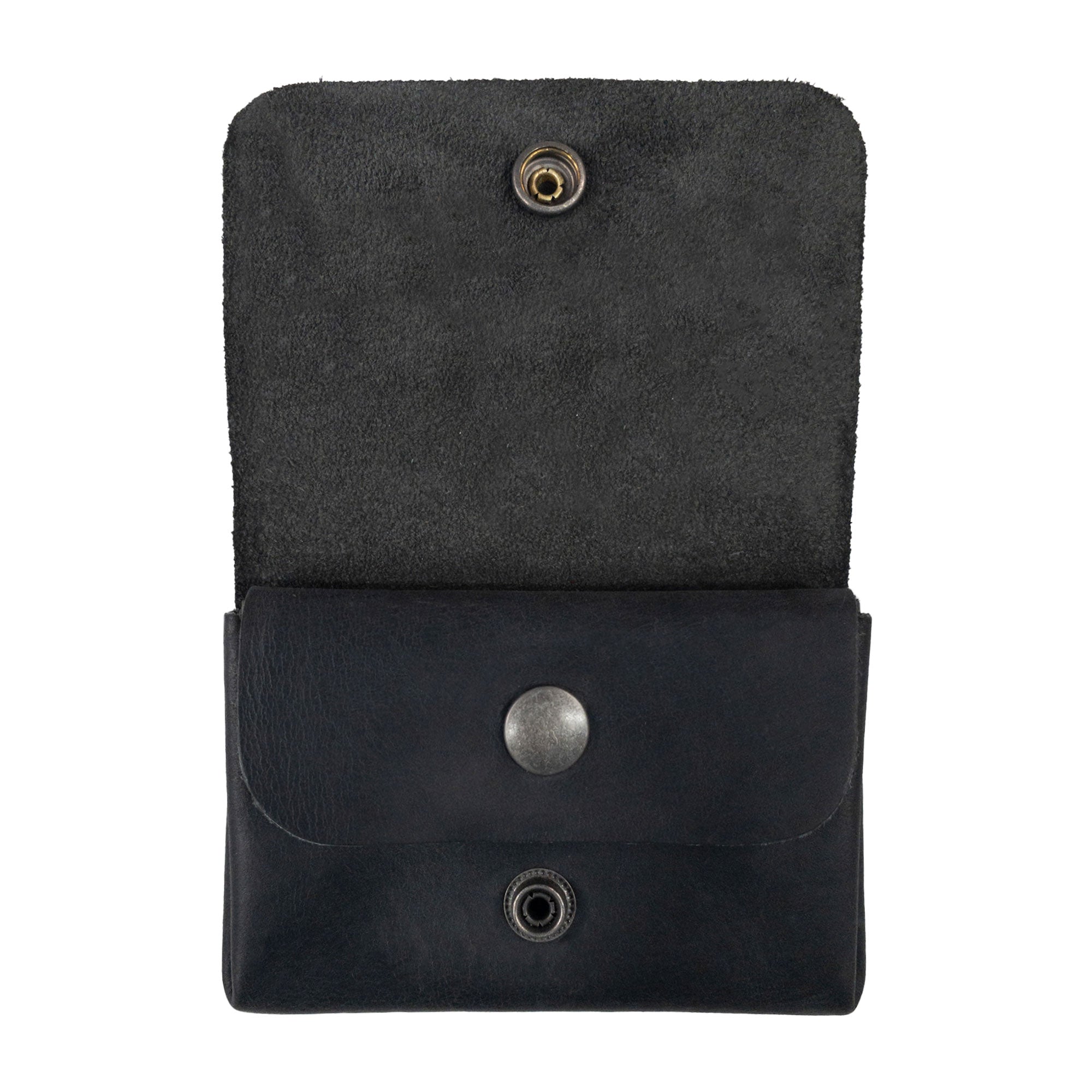 Front view of the black Leather Double Pouch Card Wallet by Hide & Drink with a soft suede interior. This versatile wallet serves as a card organizer, cash holder, and coin pouch, perfect for men and women. Full Grain Leather, handmade in La Antigua Guatemala & Oaxaca Mexico.