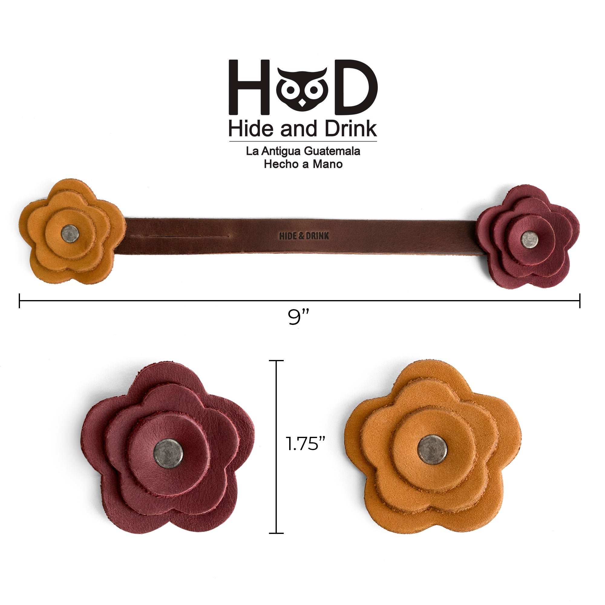 Dimensions of the Rose Bag Ornament by Hide & Drink, showing the handmade Full Grain Leather Rose-Shaped Ornament perfect for accessorizing bags with cute charms for a fashionable look.