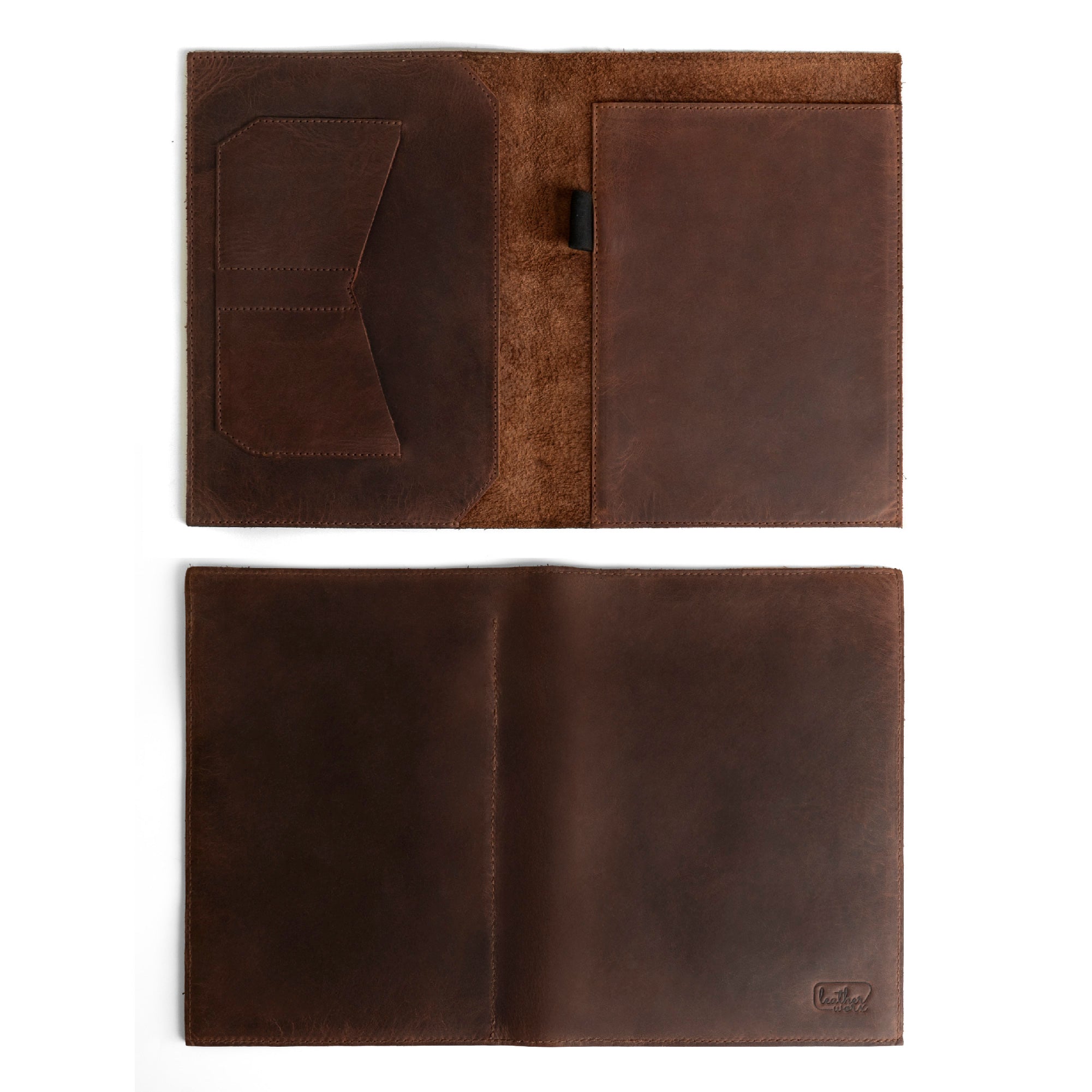 Interior view of the Leather Worx Notepad Case 5 x 8 In. highlighting the card slots and spacious notepad pocket. Notepad Cover (5 x 8 In. Notepad Not Included) Sturdy, Durable Material Perfect for Storing Journal, Full Grain Leather, StockyardX, Small Batch Production, Hand Cut, Hand Sewn, Fire Branded, Artisan, Handmade in La Antigua Guatemala & Oaxaca Mexico.