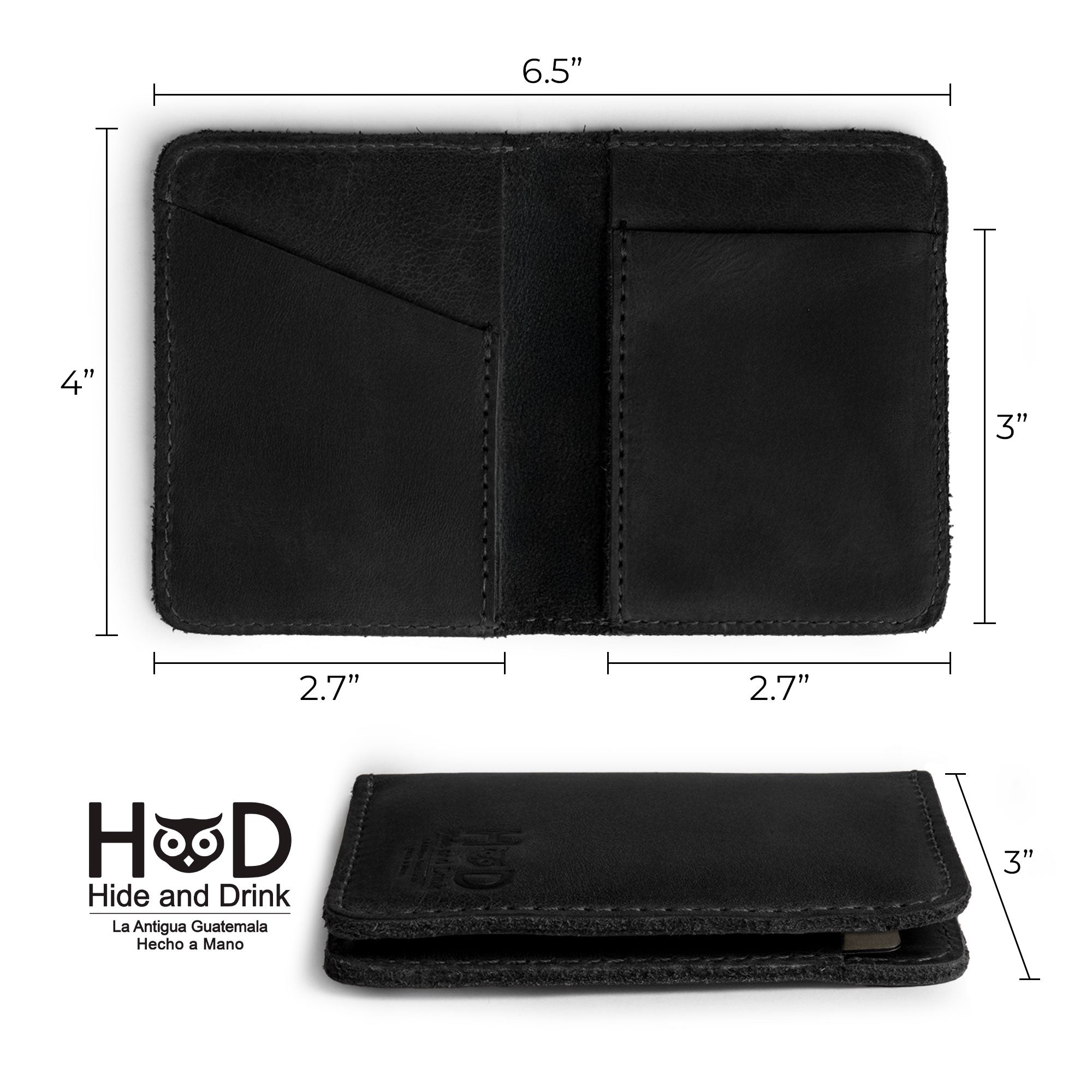 Hide & Drink Bifold Wallet with measurements, showcasing artisan craftsmanship and a sleek design for the modern traveler who values full grain leather products.