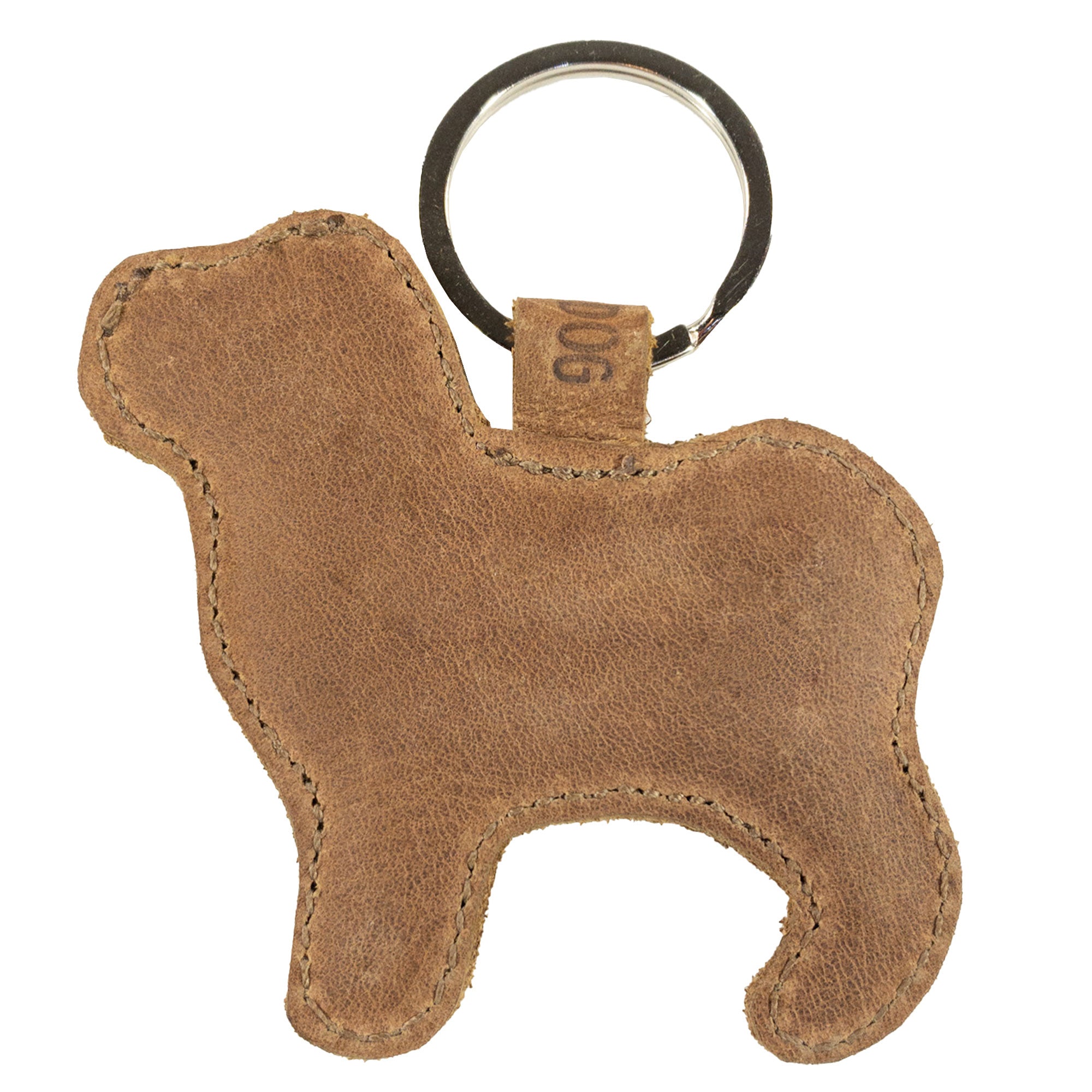 Rustic Pug Keychain from Taco Dog displaying a simplistic yet adorable design. This functional and durable keychain is crafted from all-natural full grain leather, perfect for dog owners looking for a unique gift. The lightweight accessory showcases artisan craftsmanship, handmade in La Antigua Guatemala & Oaxaca Mexico.