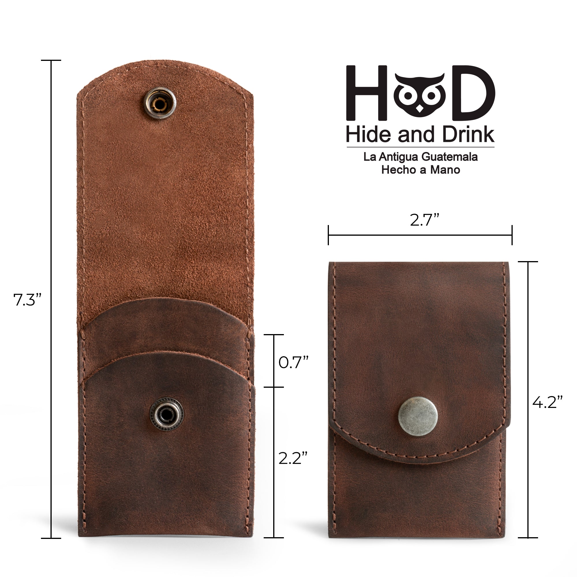 Dimensions of Hide & Drink Nail Clipper Case displayed, emphasizing its perfect size for travel. Made from full grain leather, this stylish nail clipper case is an artisan creation that’s hand cut, hand sewn, and fire branded, proudly made in La Antigua Guatemala & Oaxaca Mexico.