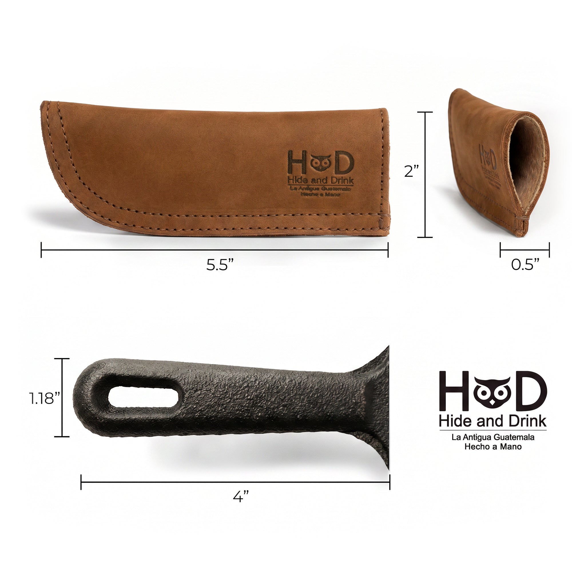 Hide & Drink Cast Iron Panhandle Cover crafted in full grain leather, displayed with dimensions. This artisan hot handle protector showcases double stitching for durability and slides easily onto metal skillet grips. Proudly handmade in La Antigua Guatemala & Oaxaca Mexico, it's an ideal addition to any cooking setup.