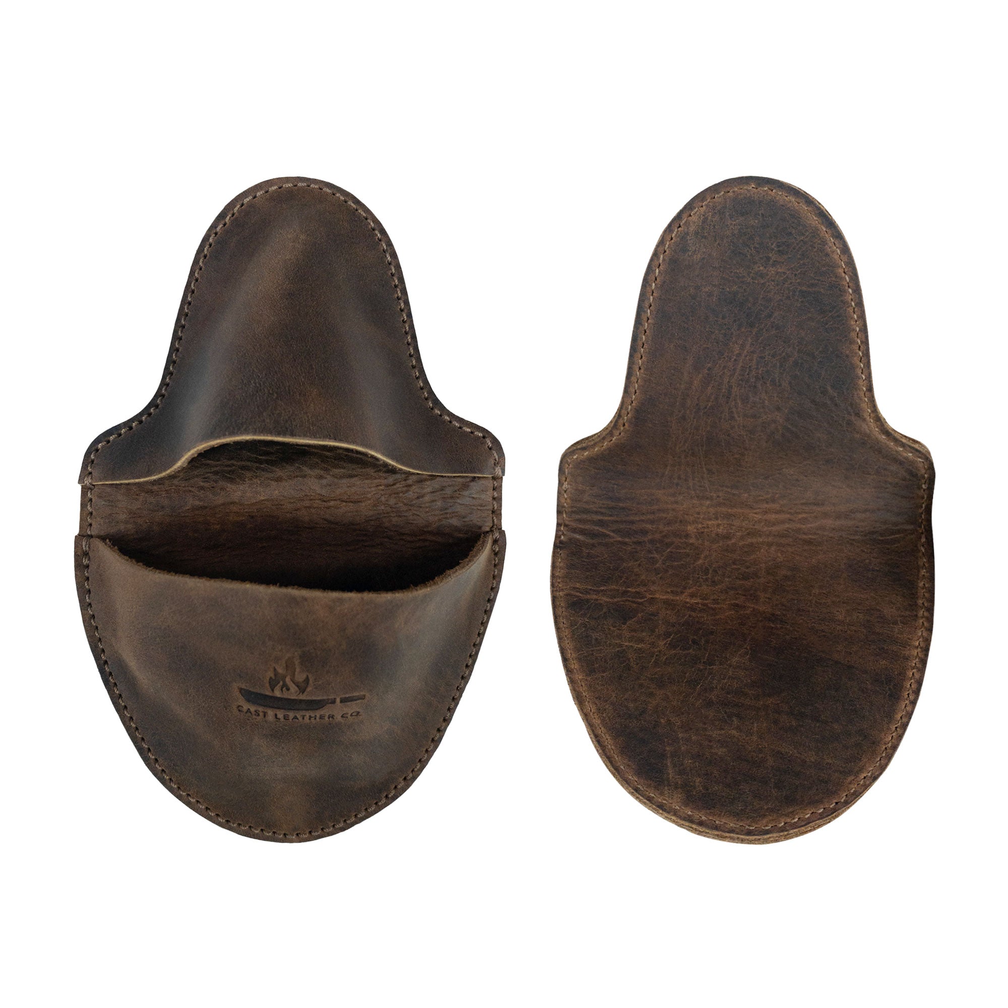 Front and back view of the Oven Mitt Heat Resistant from Cast Leather Co., highlighting its robust design and leather craftsmanship. This unique oven glove, made from full grain leather, is perfect for kitchen cooking and baking, reflecting the artisan quality of small batch production in La Antigua Guatemala.