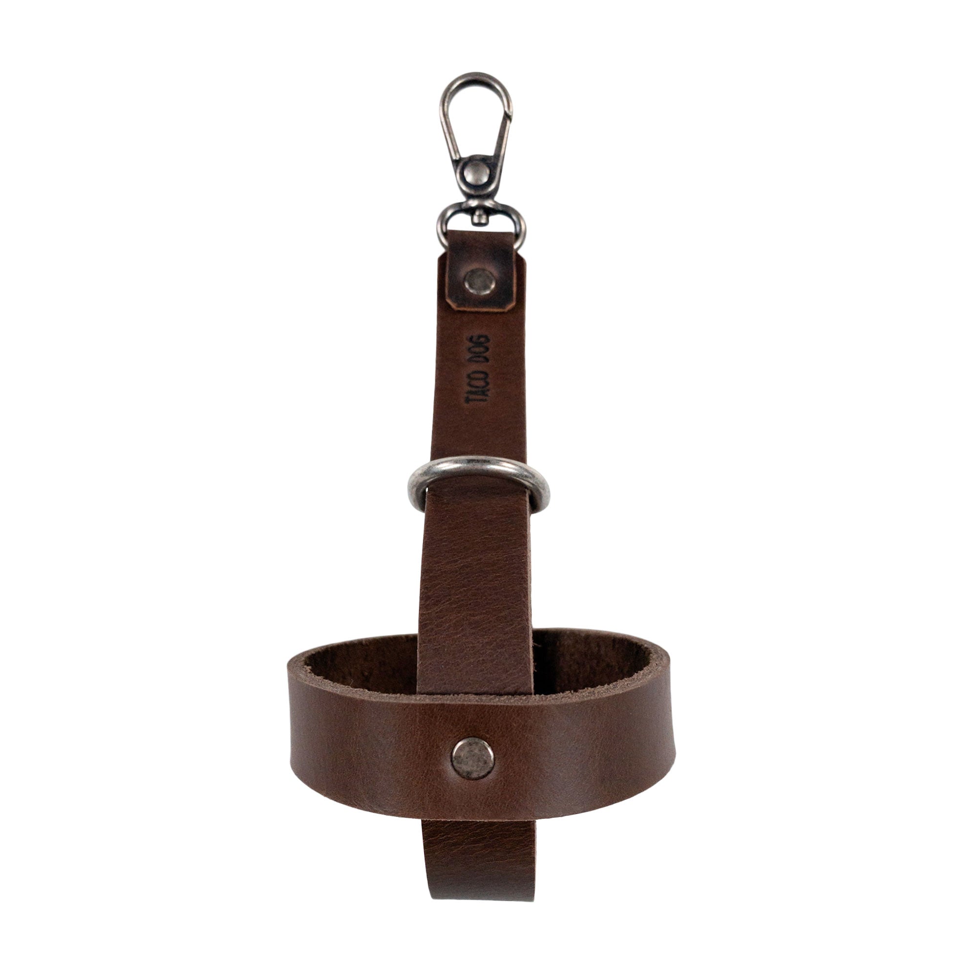 Taco Dog Dog Ball Holder featuring a robust leather strap and durable hook, showcasing its design for Leash Attachment Case functionality. This reliable Chasing Pet Toy Storage is crafted from Full Grain Leather, supporting the Artisan quality of Handmade products in La Antigua Guatemala.