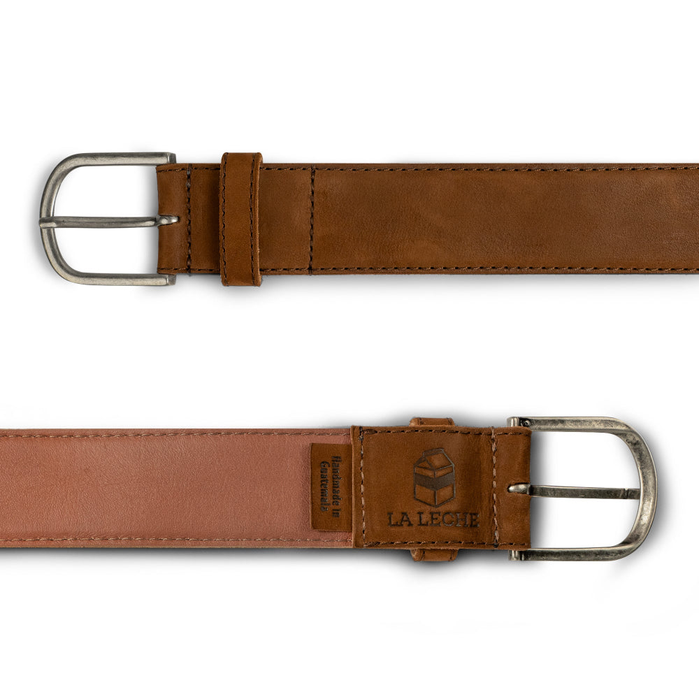 La Leche Classic Leather Belt with Glove Liner, highlighting the full grain leather and showcasing the premium hand cut and hand sewn details. This men's waist belt is a testament to artisan craftsmanship, made in small batches in La Antigua Guatemala & Oaxaca Mexico.