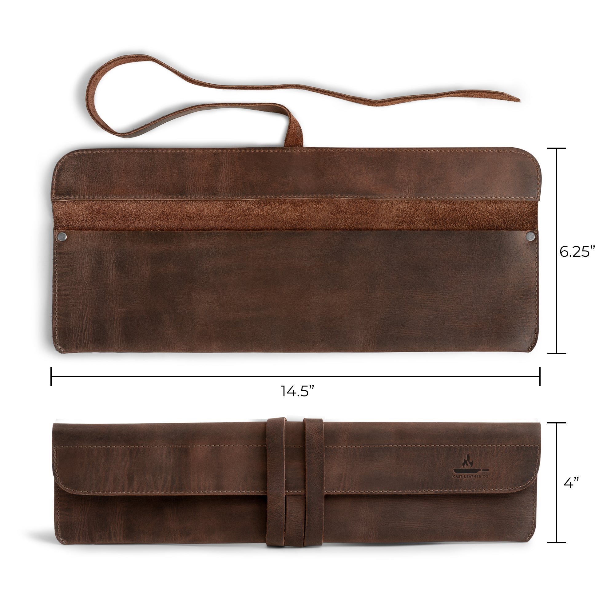Product dimensions of Cast Leather Co. Single Leather Knife Case, illustrating its practical design. This professional chefs carrying wrap holder made from full grain leather serves as a reliable butcher rolls carrier. Handcrafted in La Antigua Guatemala, it is perfect for anyone who appreciates high-quality, artisan kitchen accessories.