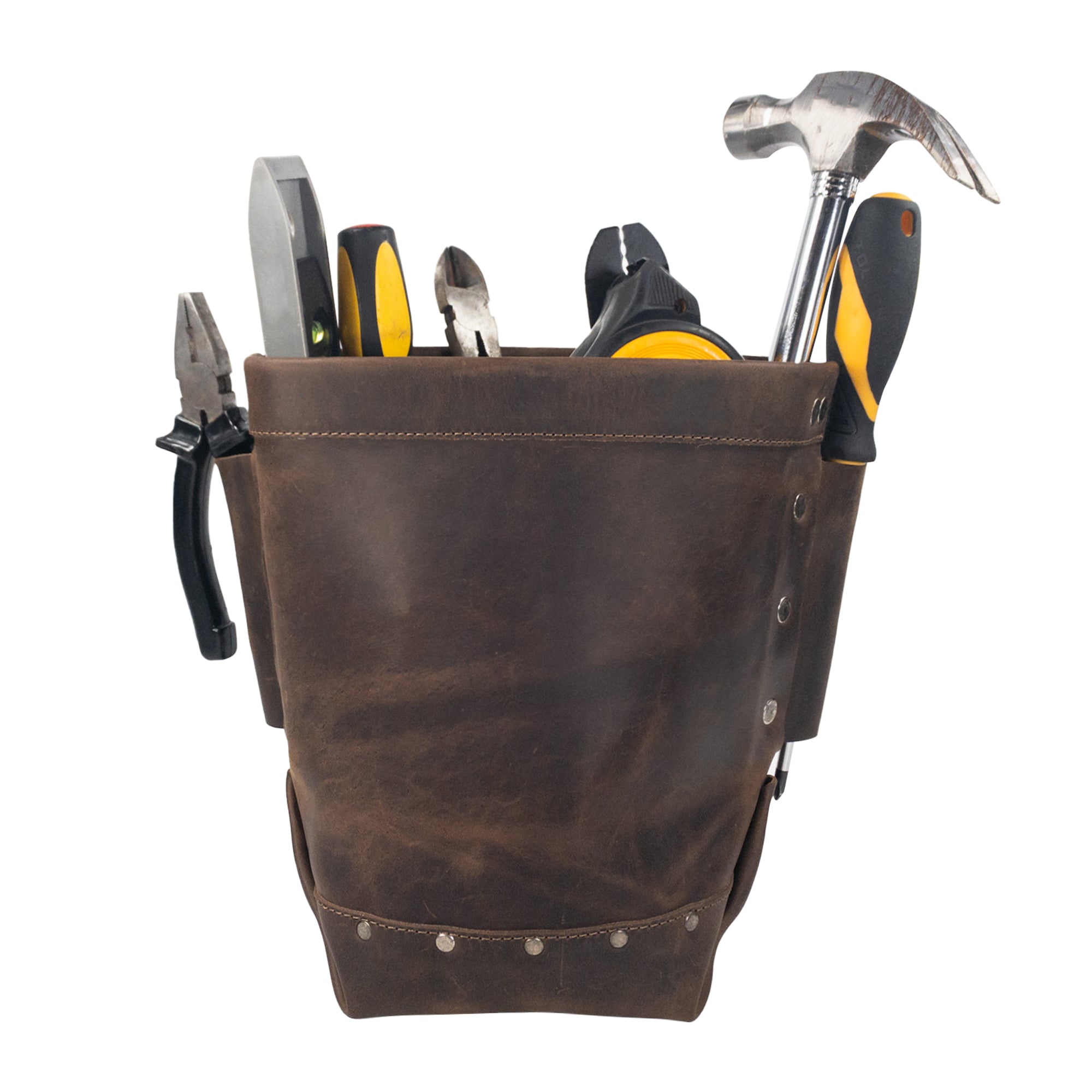 Hide & Drink Electrician Tool Pouch filled with tools, illustrating its practical use as an organizer bag. This heavy duty tool pouch emphasizes durability and efficiency for all work essentials. It features a handcrafted design from full grain leather, made through small batch production, fire branded, and artisan-crafted in La Antigua Guatemala & Oaxaca Mexico.