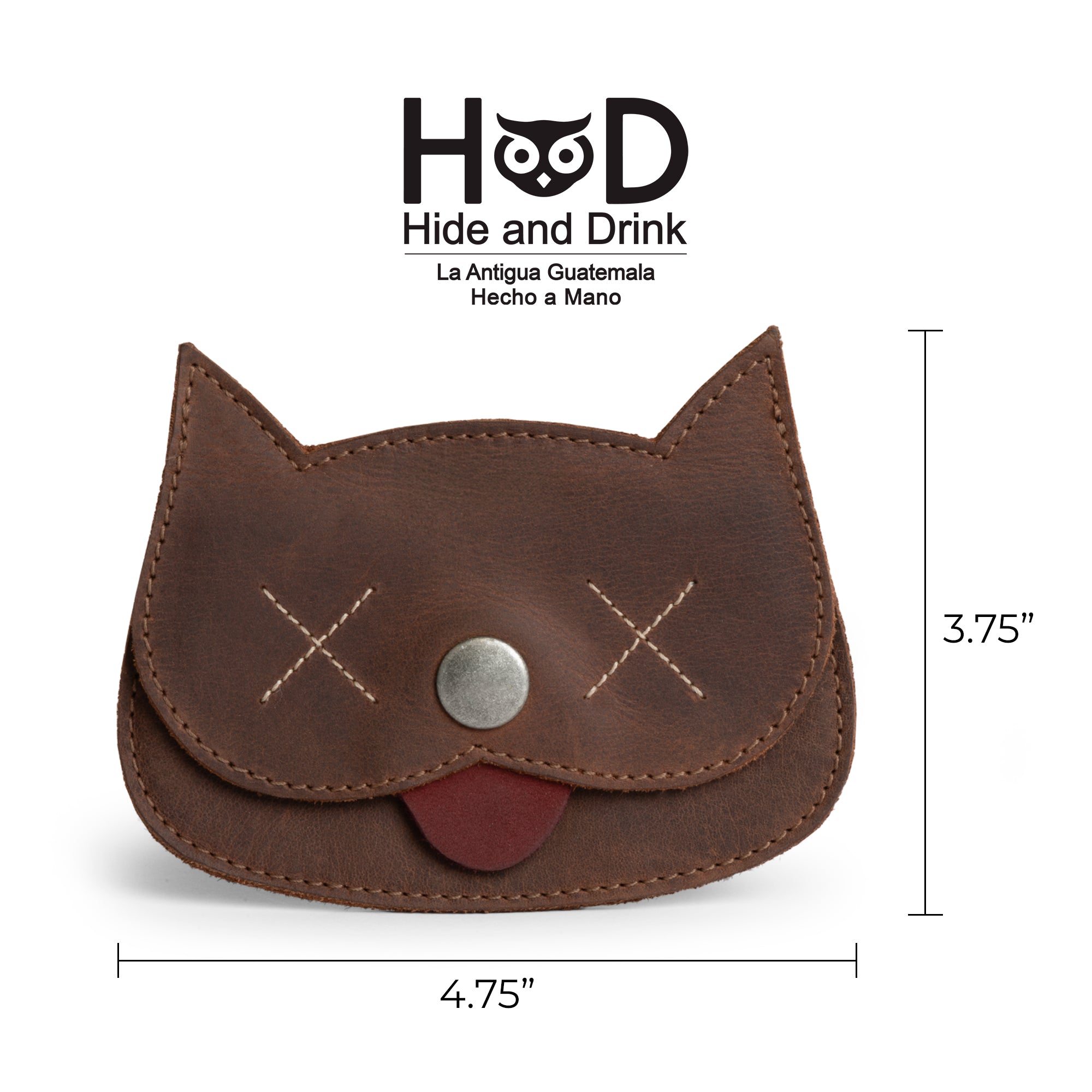 Hide & Drink Leather Cat Wallet showcasing a playful cat design. This delightful Full Grain Leather Cat-Shaped Wallet is perfect for holding coins and cash, handmade by artisans in La Antigua Guatemala & Oaxaca Mexico.