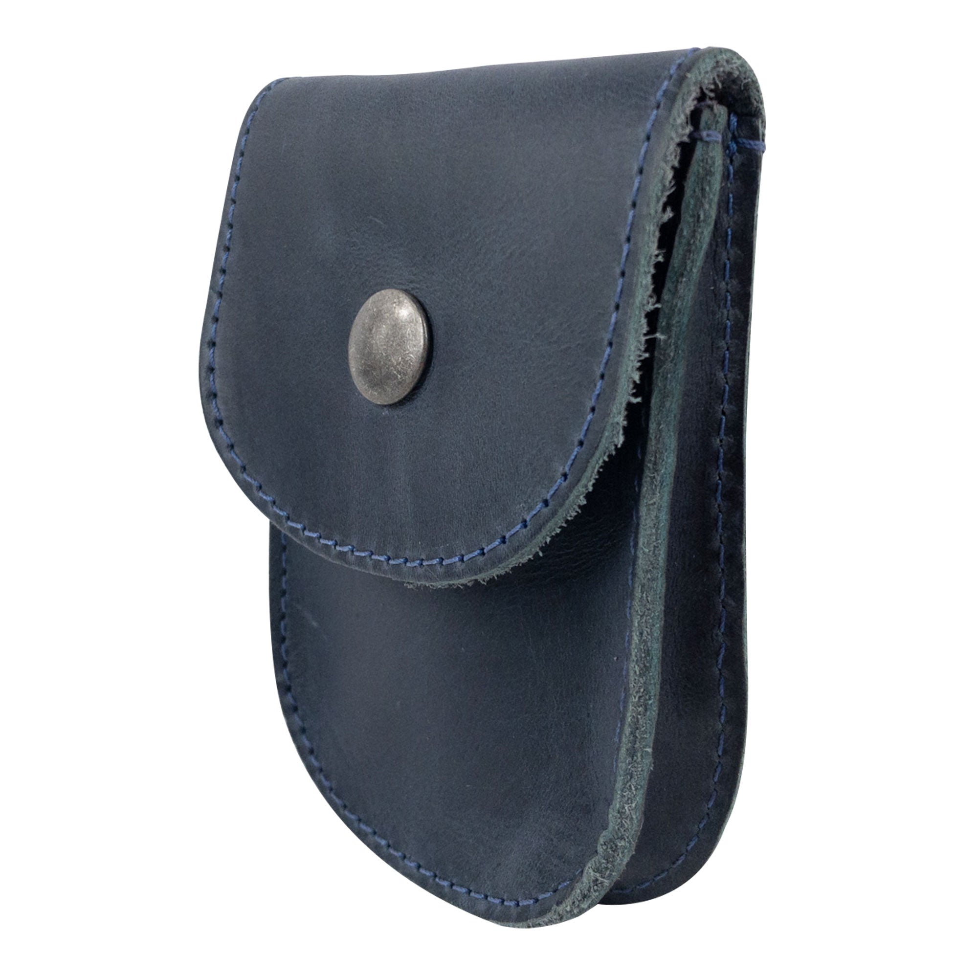 Side view of the Navy Holster Pouch by Hide & Drink, illustrating its sleek design and durable construction. Perfect for organizing daily necessities, this full grain leather pouch is artisan-made in La Antigua Guatemala.