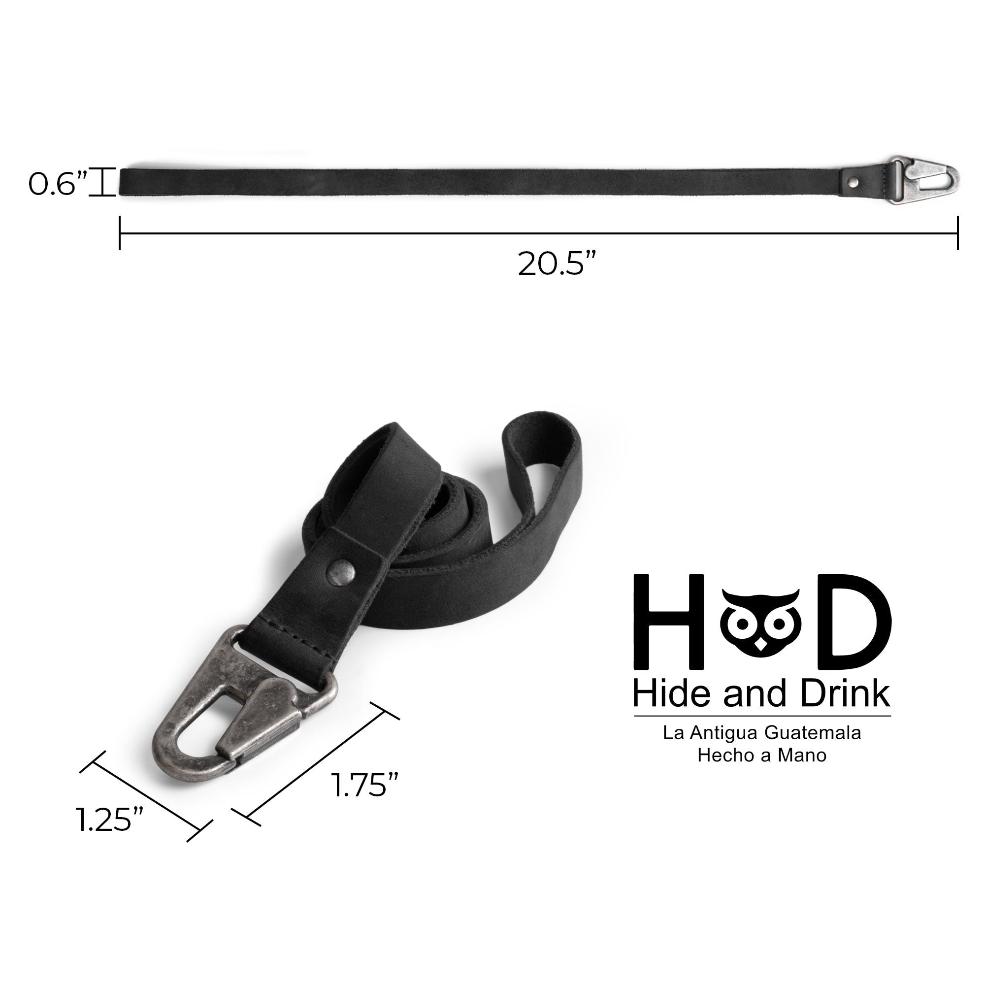 Functional Lanyard Keychain by Hide & Drink, featuring a sturdy neck strap and hook made from black leather. This artisan product is perfect for ID holders, showcasing small batch production from La Antigua Guatemala & Oaxaca Mexico.