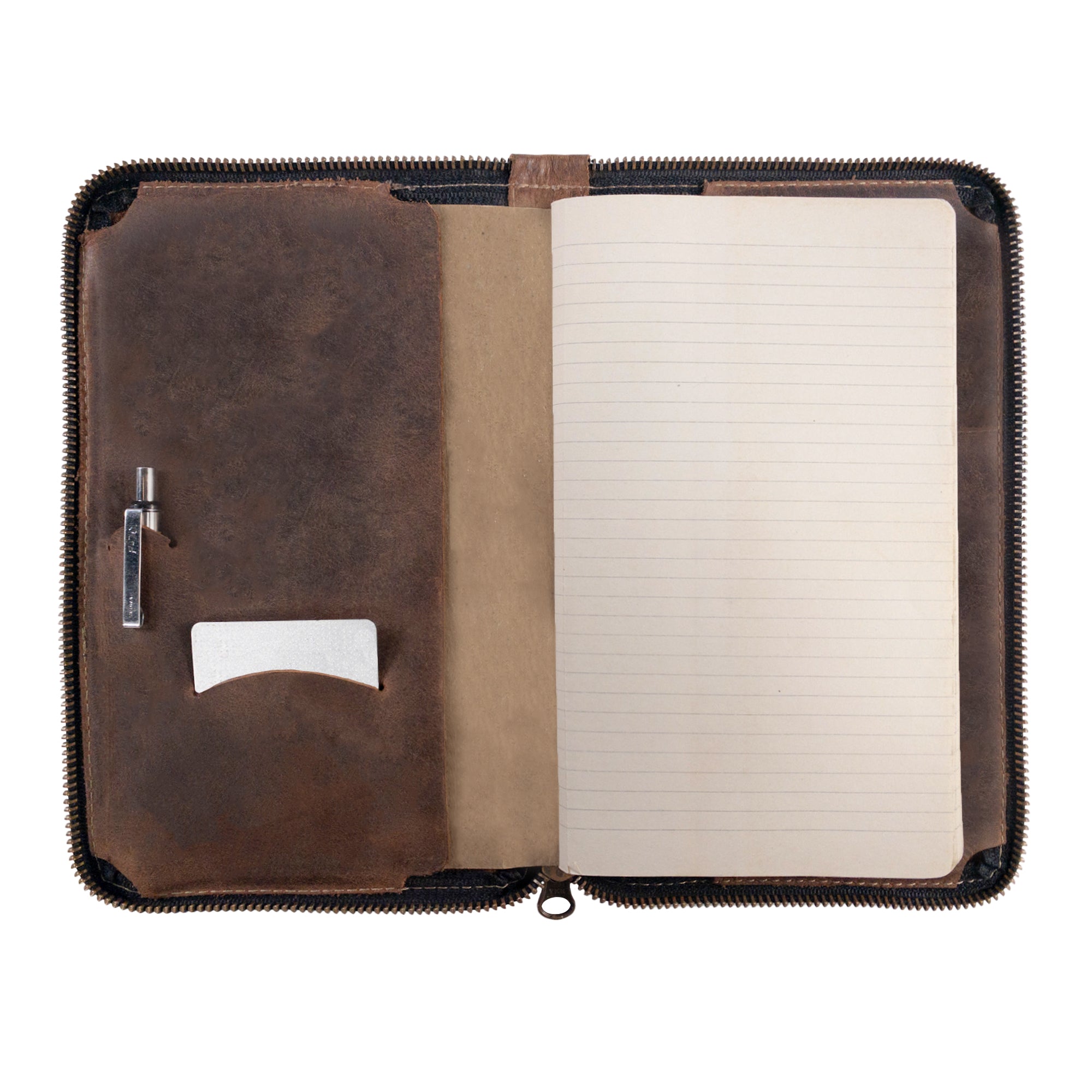 Interior view of Hide & Drink's Zippered Journal Cover for Moleskine (Notebook NOT Included) displaying checks within the leather pocket, showcasing its multifunctionality.