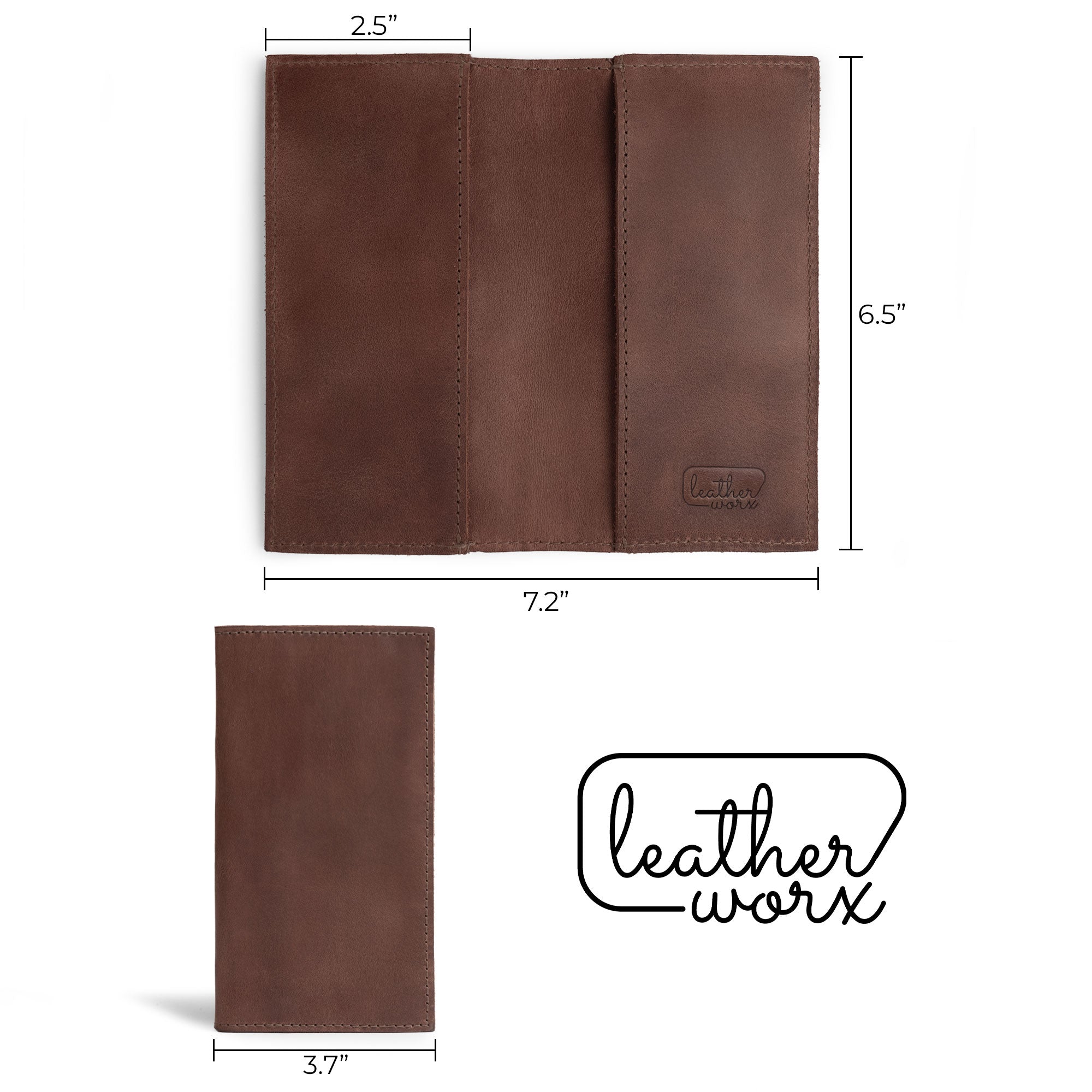 Dimensions of the Leather Worx handmade checkbook cover displayed alongside its sleek design. This full grain leather organizer is perfect for efficiently managing personal or business finances, showcasing careful hand cut, hand sewn craftsmanship. Its artisan quality is a reflection of tradition in La Antigua Guatemala.