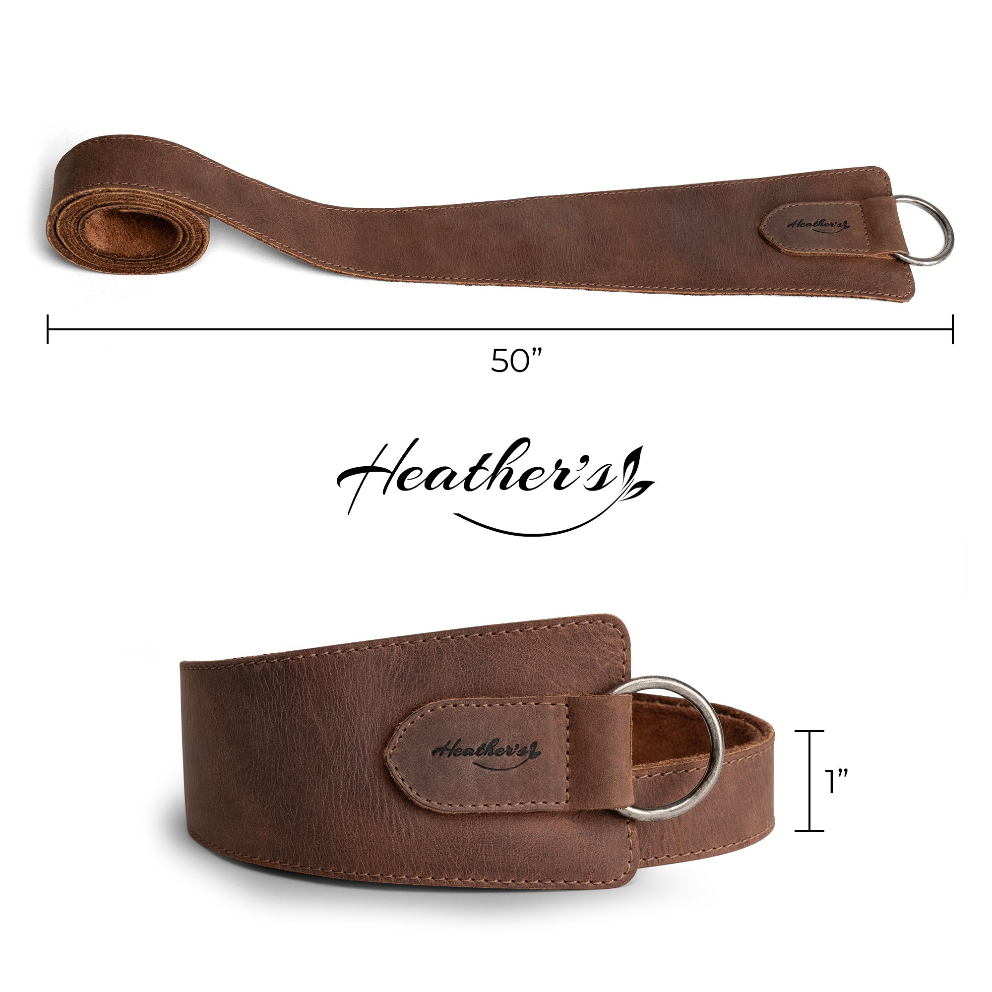 Heather's Formal Belt for Women with Ring displayed elegantly, featuring a 50-inch length and rustic leather design. This handmade Full Grain Leather waist strap is ideal as a belly accessory, crafted through small batch production in La Antigua Guatemala.