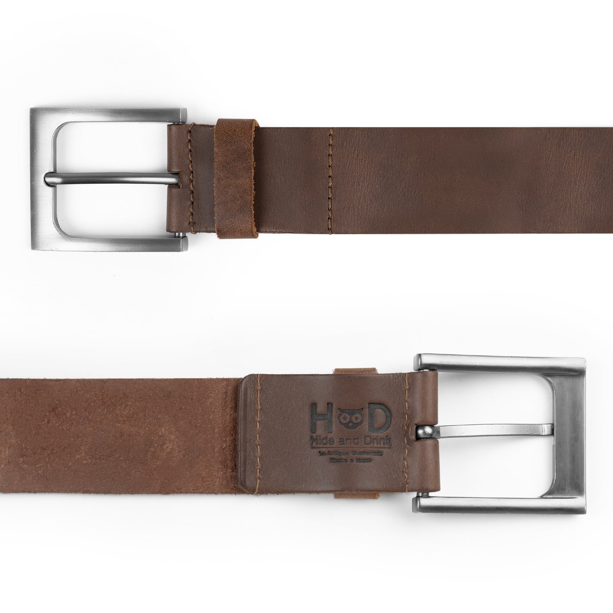 Rustic Leather Belt by Hide & Drink with a silver buckle shown from both sides, crafted from thick full grain leather and celebrating small batch production with hand cut and hand sewn techniques from artisans in La Antigua Guatemala.
