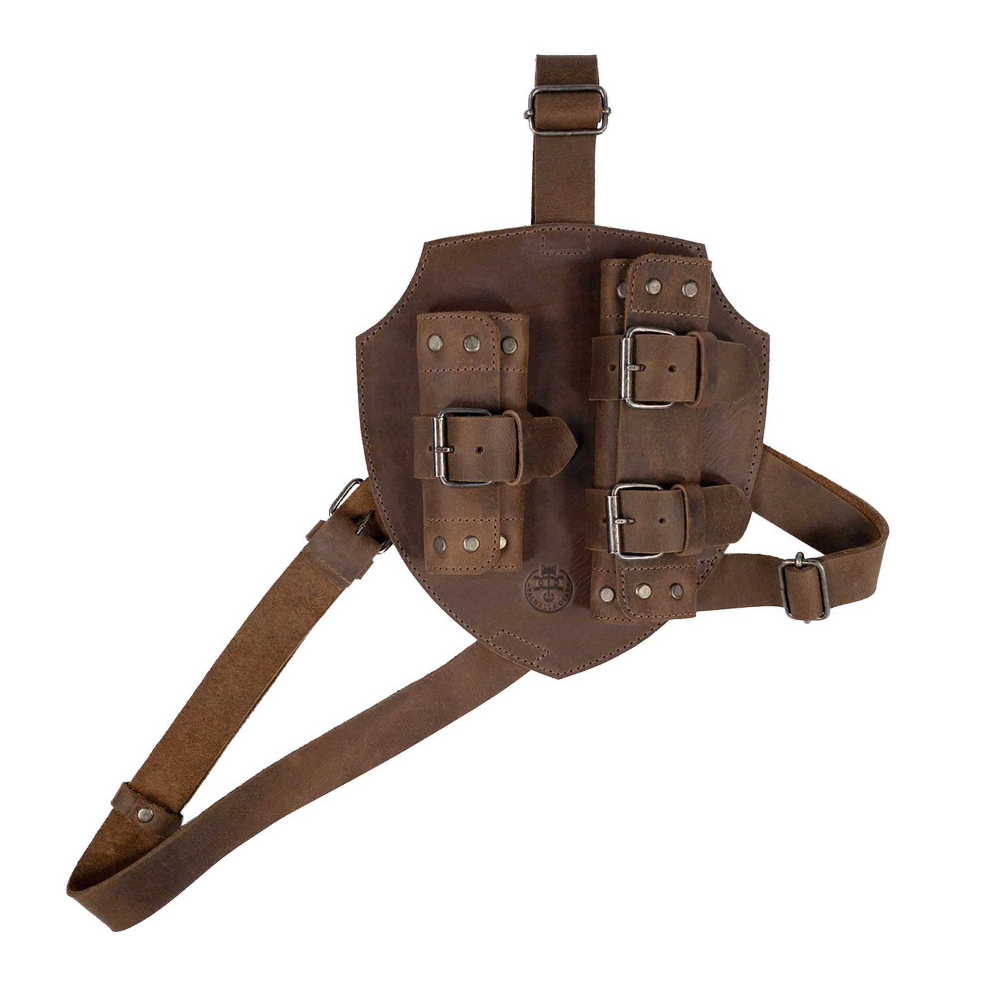 Close-up of the Medieval Back Double Sword Shoulder Frog, featuring a durable leather design with adjustable straps from Valhalla Gear. This Renaissance sheath holster is perfect for warrior costume ensembles, highlighting small batch production and handmade quality.