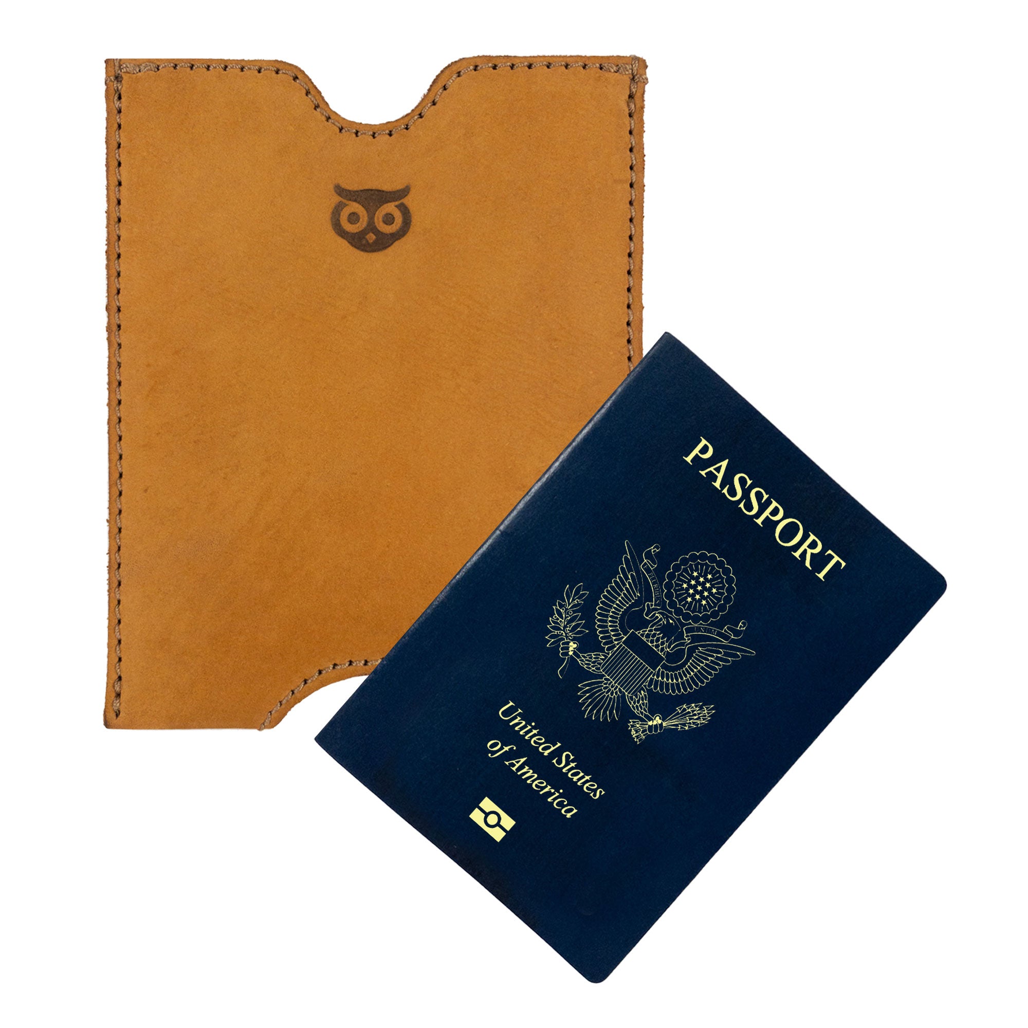 Hide & Drink Passport Sleeve displayed next to a United States passport, illustrating how snugly it fits within the Travel Passport Pocket Sleeve. Crafted from premium Full Grain Leather, this handmade accessory showcases artisan techniques and small batch production from La Antigua Guatemala & Oaxaca Mexico.