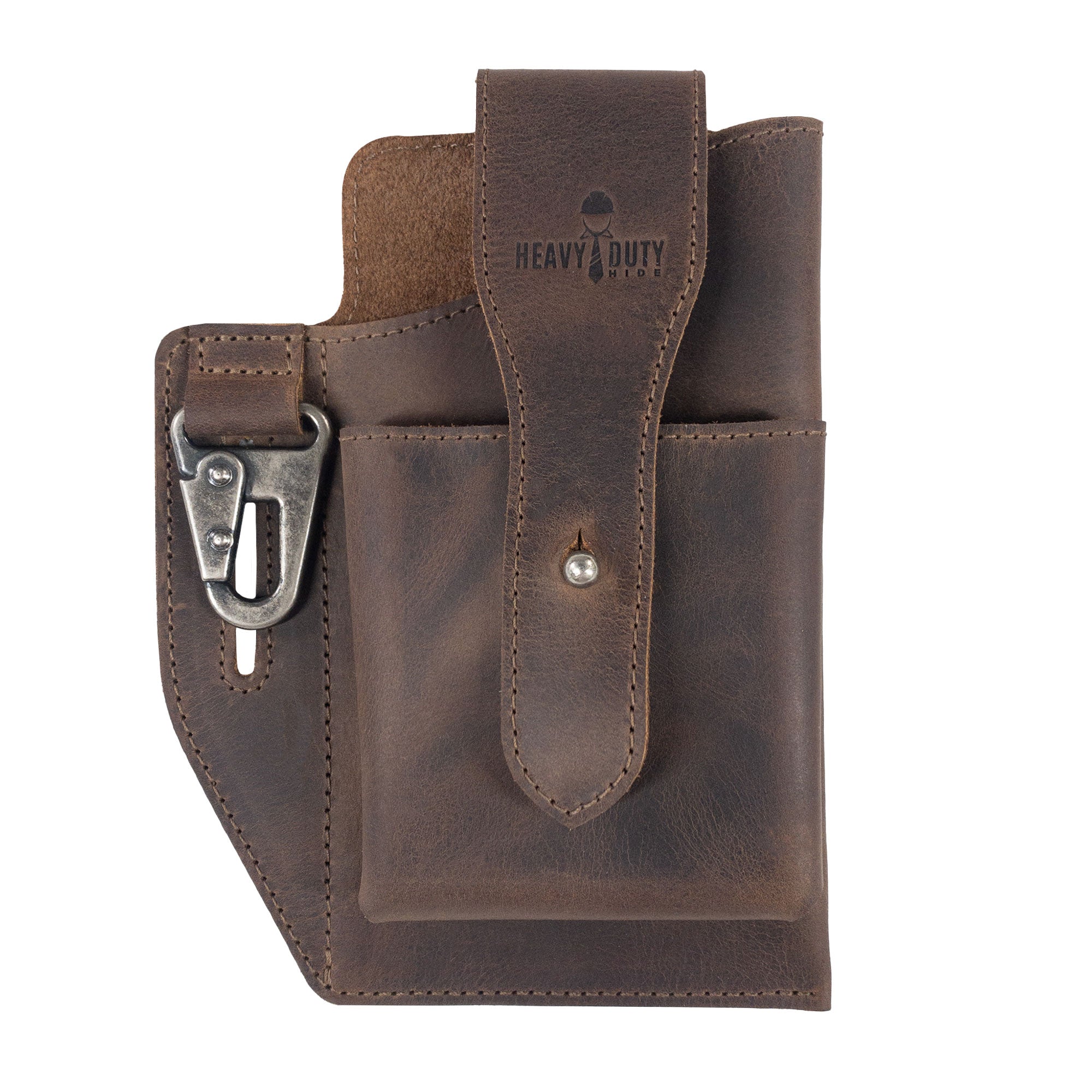 Front view of the Heavy Duty Hide Rustic Phone & Cigarette Pack Holder highlighting the leather texture and design. This tactical organizer, made from full grain leather, emphasizes artisan quality and is perfect for outdoor use, handmade in La Antigua Guatemala & Oaxaca Mexico.
