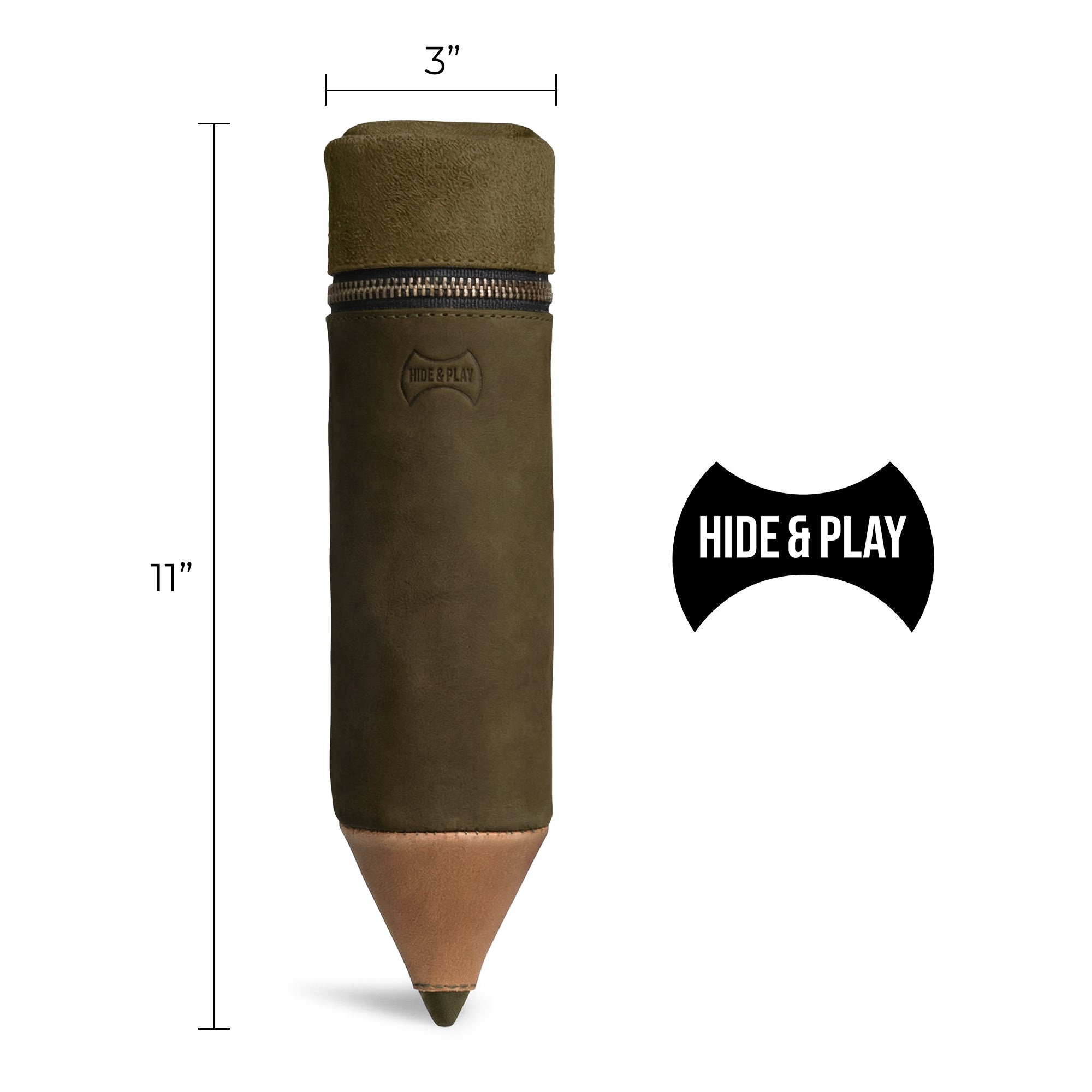 Dimensions of the Hide & Play Pencil-Shaped Case shown against a simple backdrop. This artisan-crafted zippered bag is perfect for organizing pens and pencils, made from high-quality full grain leather. An essential accessory for any workspace, handmade in La Antigua Guatemala & Oaxaca Mexico.