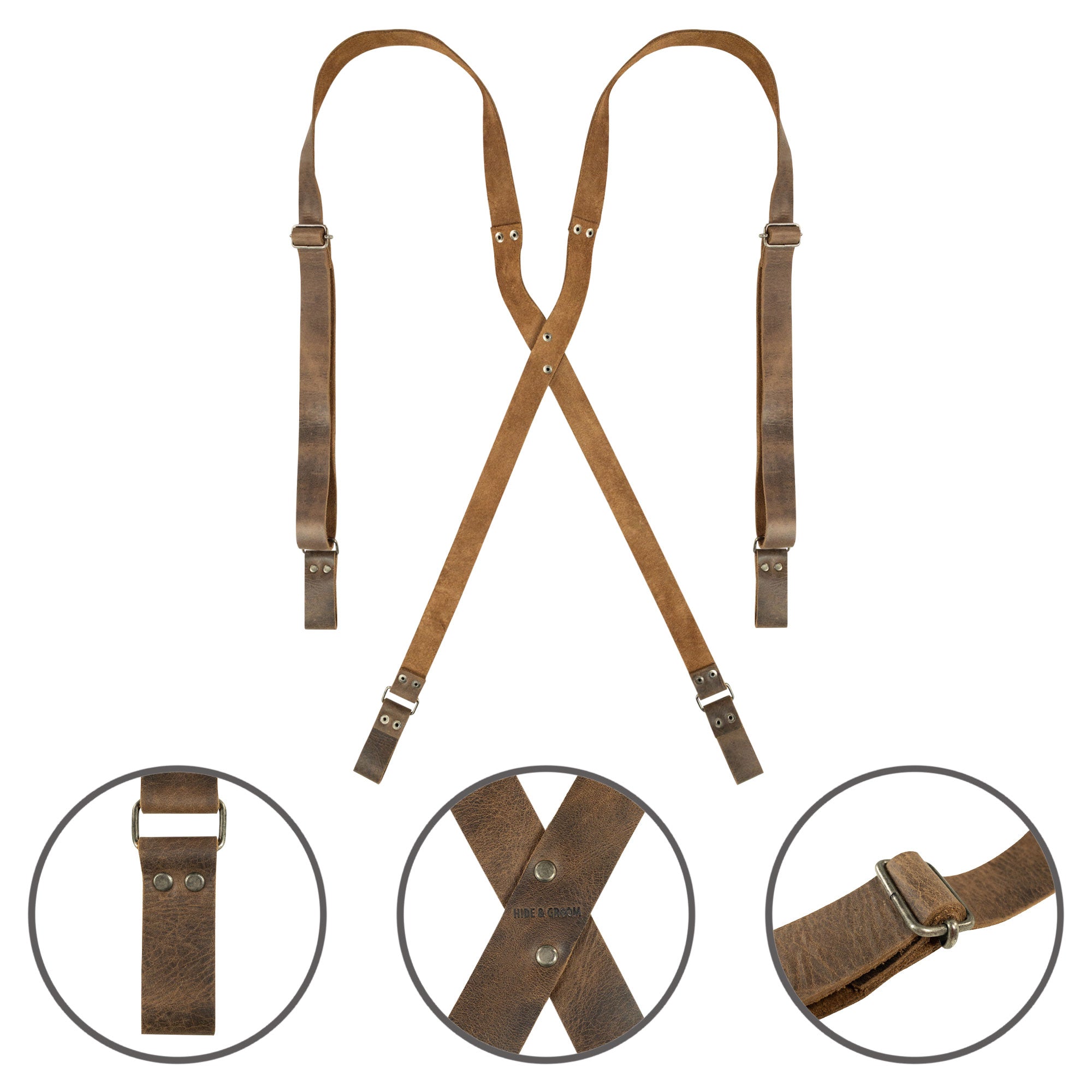 Close-up of Riveted X Back Suspenders with Belt Loops by Hide & Groom, featuring detailed views of its quality materials and craftsmanship. Made from heavy duty harness full grain leather, these artisanal suspenders are perfect for men looking for style and durability.