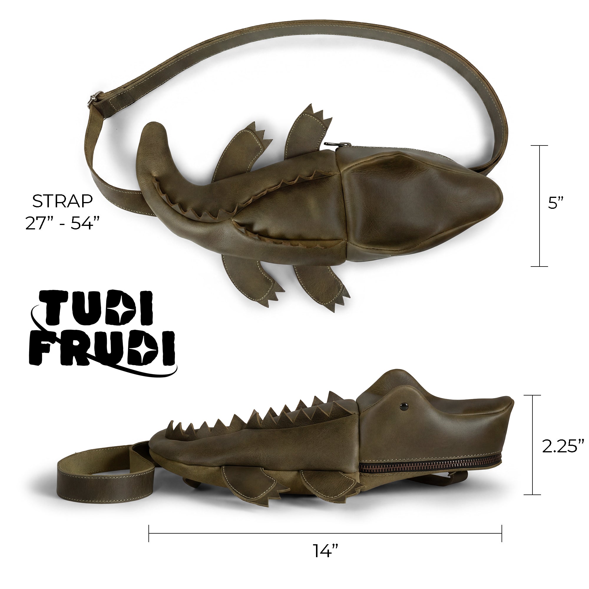 Dimensions and styles of the Crocodile-Shaped Crossbody by Tudi Frudi. This Gator-Shaped Sling Bag with Adjustable Strap is versatile as a Crossbody Purse, Messenger Bag, or Shoulder Travel Bag. Made from Full Grain Leather, it reflects small batch production, artisan quality, hand cut and hand sewn techniques, with a fire branded logo. Handmade in La Antigua Guatemala.