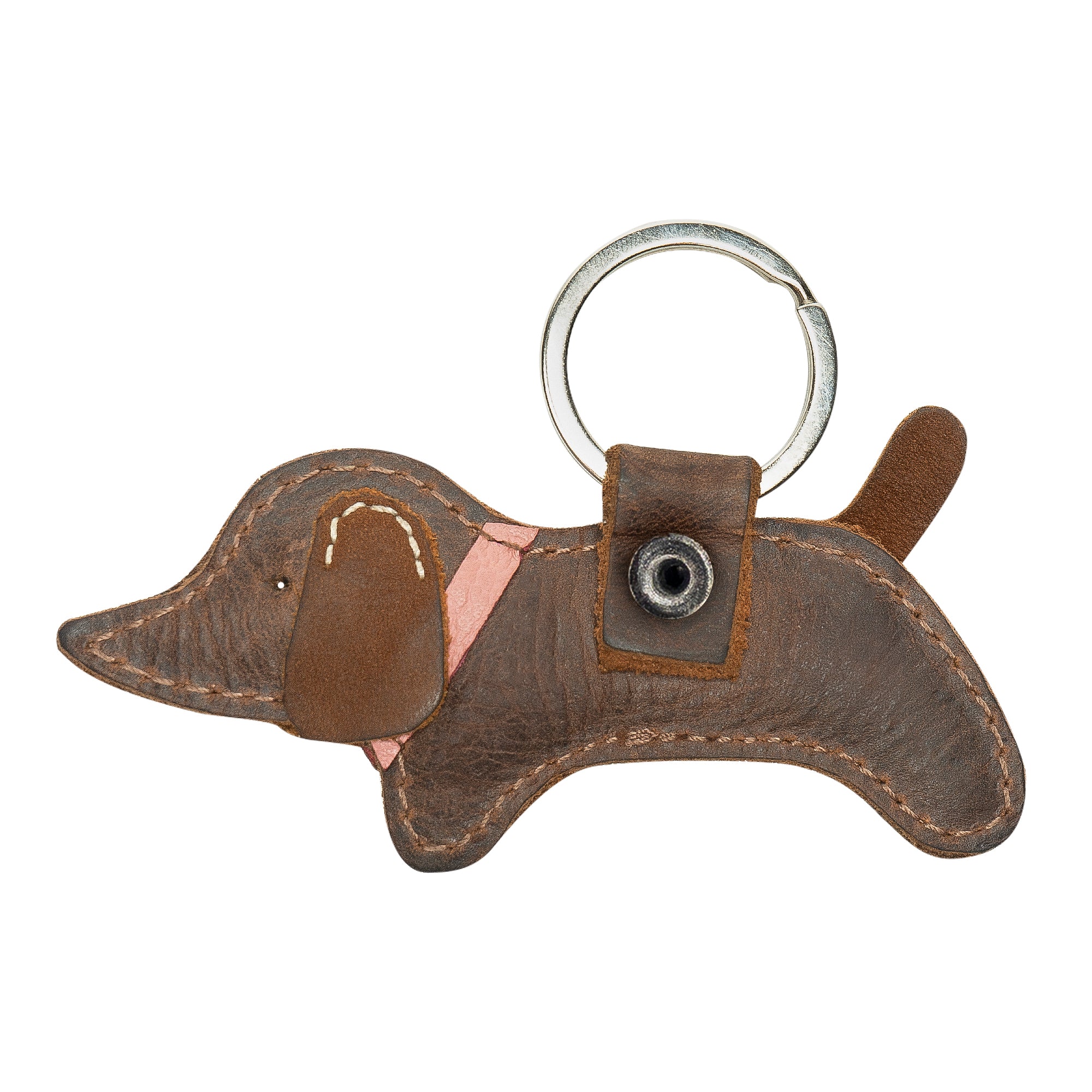 Back view of the dog Critter Key Chain from Hide & Drink, highlighting its handcrafted details and materials. This stylish Animal Key Ring Holder is made for pet lovers and is crafted from Full Grain Leather. Handmade in La Antigua Guatemala & Oaxaca Mexico.