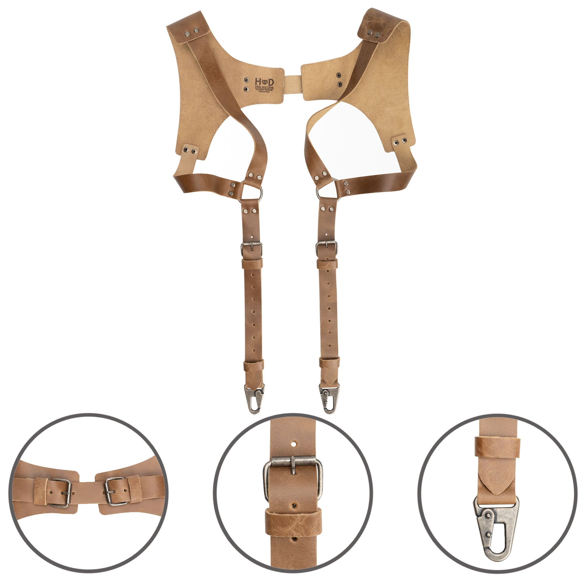 Details of tan Renaissance Suspenders by Hide & Drink with features highlighted. These full grain leather suspenders serve as a back support harness for men, ideal for stylish groomsmen.