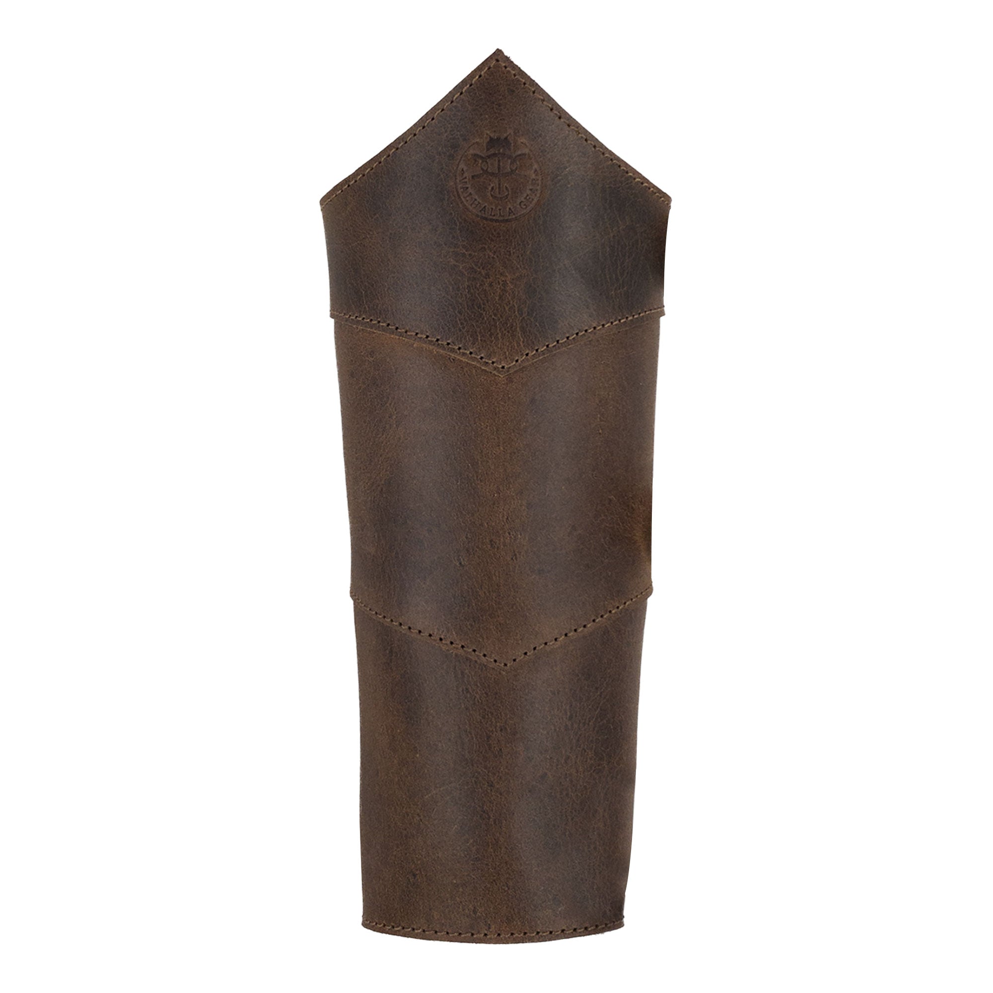 An elegant view of the Valhalla Gear Forearm Protector for Bow Shooting Practice in brown leather, featuring a pointed design suitable for archery activities. This Female Archery Bracer serves as both an armband and wrist guard, adorned with adjustable buckle straps, illustrating the artisan craftsmanship and handmade production done in La Antigua Guatemala.
