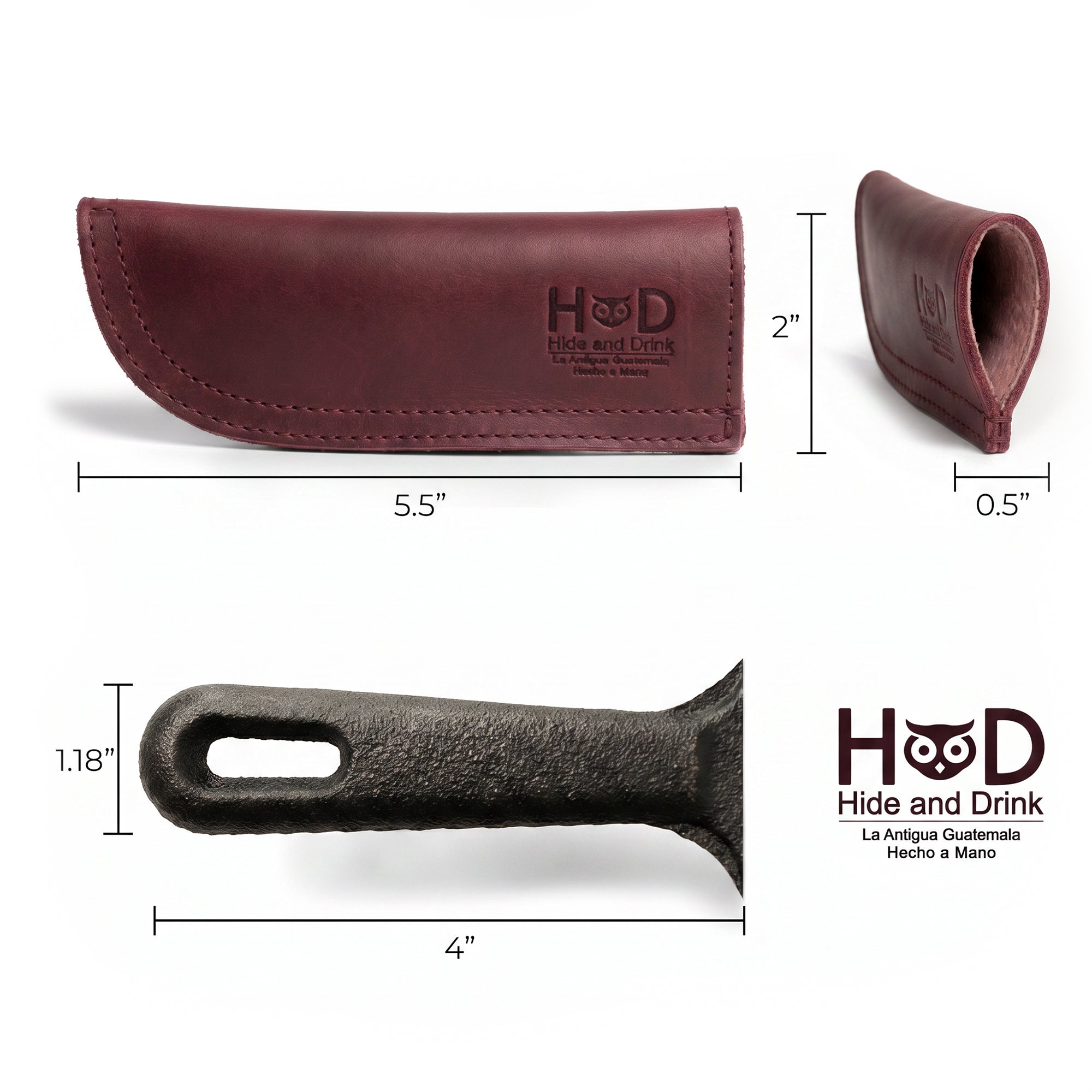 Hide & Drink Cast Iron Panhandle Cover featured on a skillet, highlighting its exquisite craftsmanship. This artisan hot handle protector is made from durable full grain leather and showcases double stitching for longevity. Handmade in La Antigua Guatemala & Oaxaca Mexico, it’s a must-have for cooking lovers.