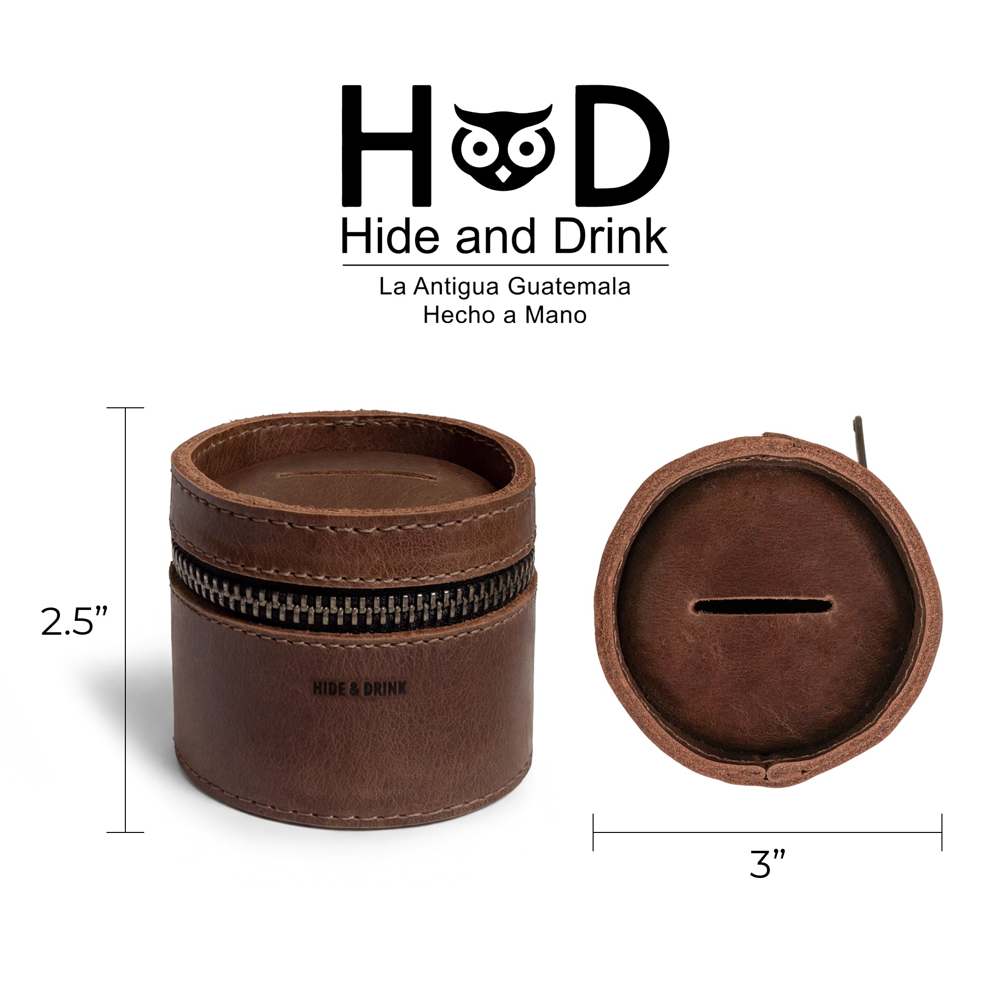 Dimensions of the Bucket Coin Release by Hide & Drink displayed, reinforcing its practical size as a money box and piggy bank bucket. This zippered pouch and full grain leather cash organizer is a testament to handmade quality, with artisan details reflecting craftsmanship from La Antigua Guatemala & Oaxaca Mexico.