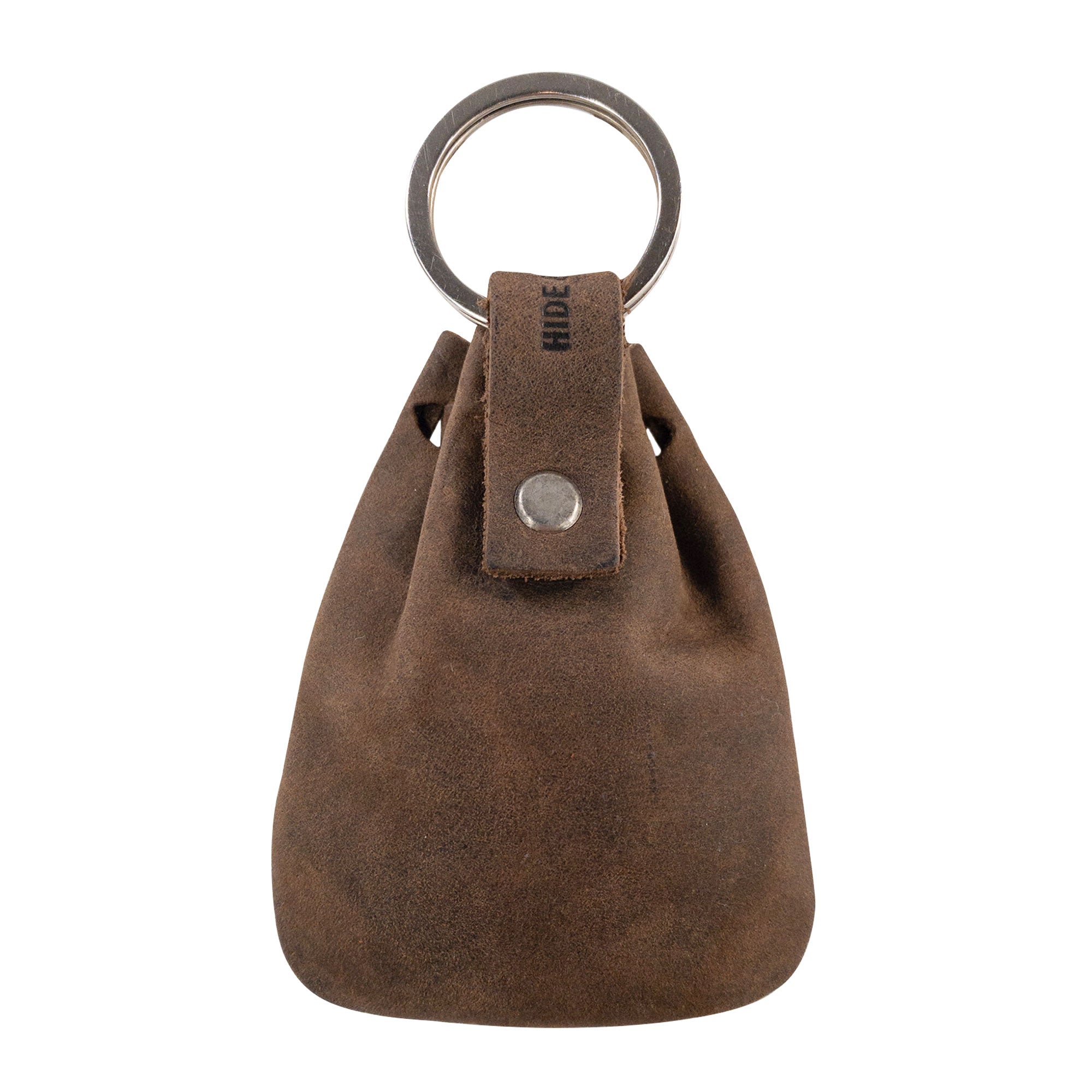 Front view of the Mini Medieval Pouch Keychain by Hide & Drink, showcasing its stylish keyring attachment. This tiny bag with keyring made from full grain leather serves as a coin organizer, emphasizing artisan quality through hand-cut and hand-sewn methods in La Antigua Guatemala.