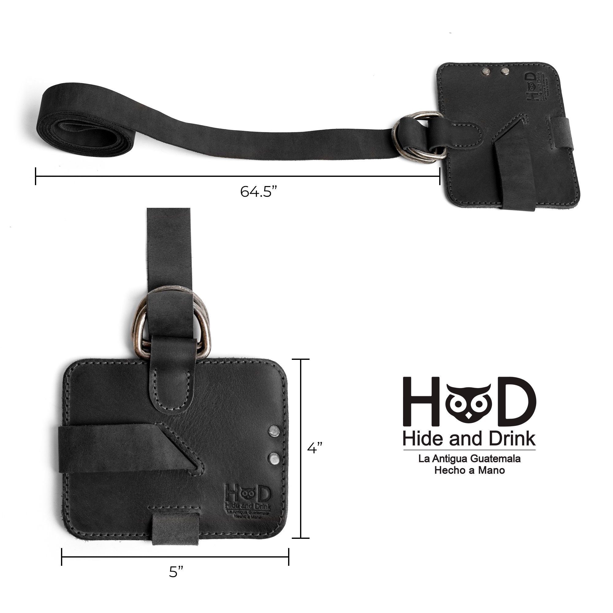 Specifications of the Hide & Drink Book Strap Carrier, detailing its dimensions and design. This Full Grain Leather accessory is artisan-crafted in La Antigua Guatemala, perfect for stylish readers seeking practical solutions.