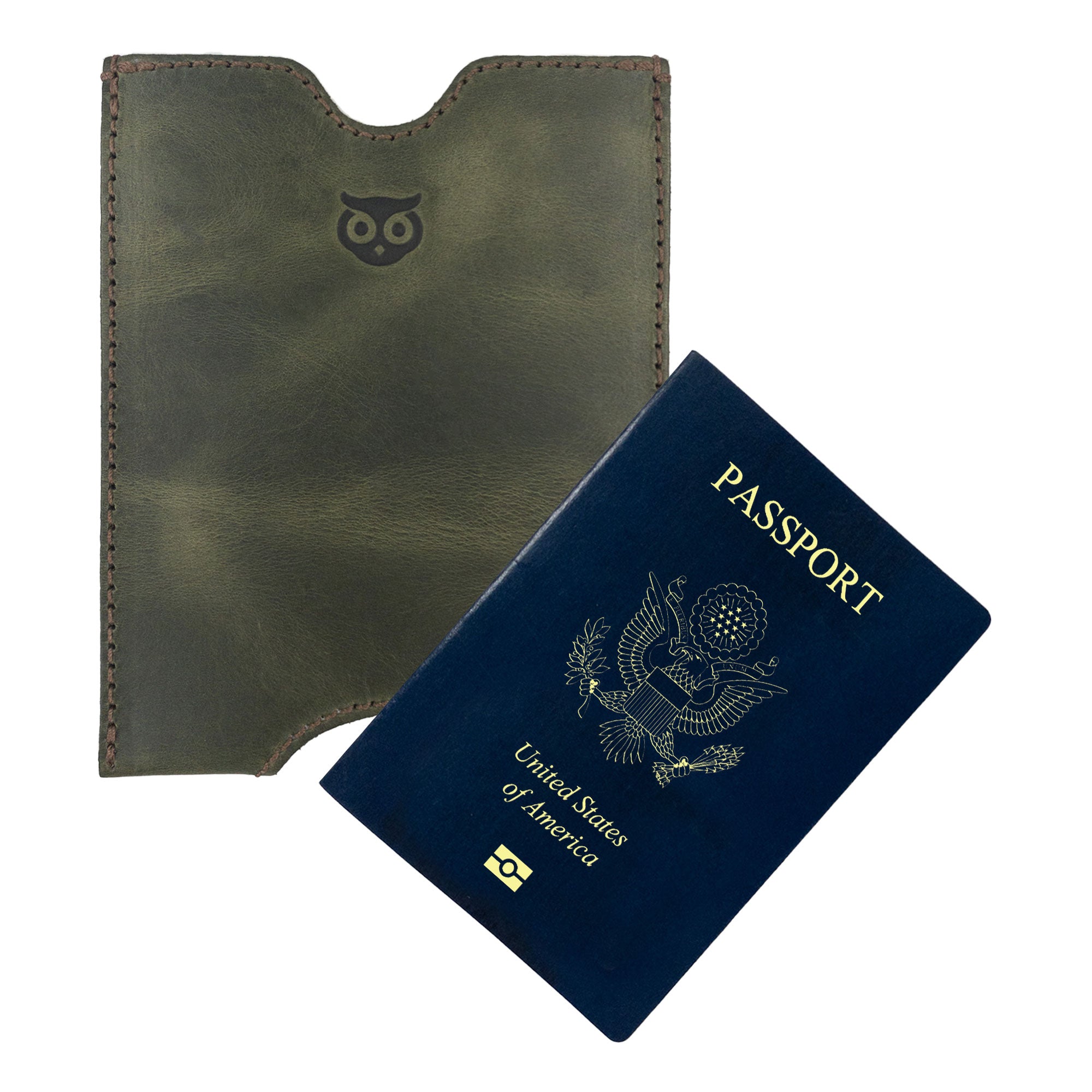 Green Hide & Drink Passport Sleeve alongside a passport for fitting demonstration. This artisan-made Travel Passport Pocket Sleeve is crafted from durable Full Grain Leather, fire branded for quality.