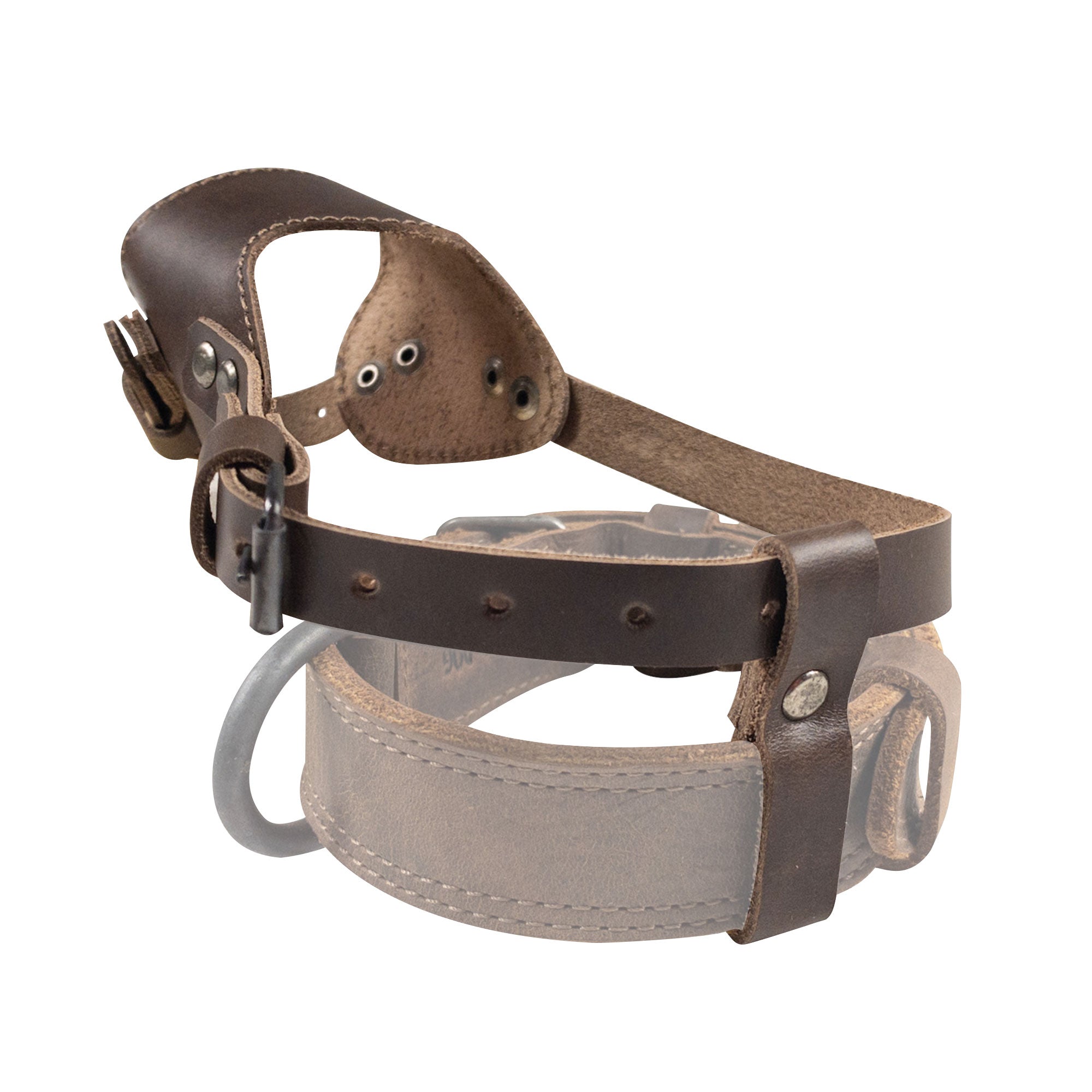 Adjustable Dog Muzzle by Taco Dog, featuring a side profile that highlights its unique design and leather quality. This handmade muzzle guarantees safety and comfort for your dog, showcasing the artisan style of small batch production from La Antigua Guatemala.