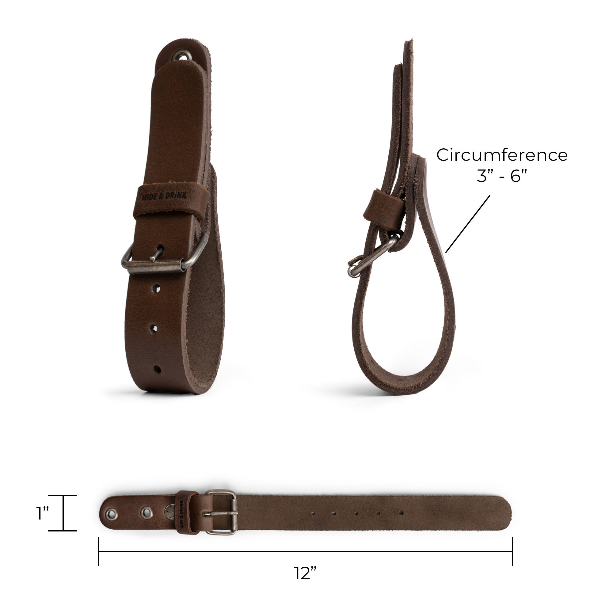 Detailed view of the dimensions of Hide & Drink Wall Hanging Strap, illustrating the buckle closure and adjustable sizing. This heavy-duty holder for axes, hatchets & tools makes garage organization simple and effective. Each strap is handmade from full grain leather, with artisan-level craftsmanship featured in the design from La Antigua Guatemala & Oaxaca Mexico.