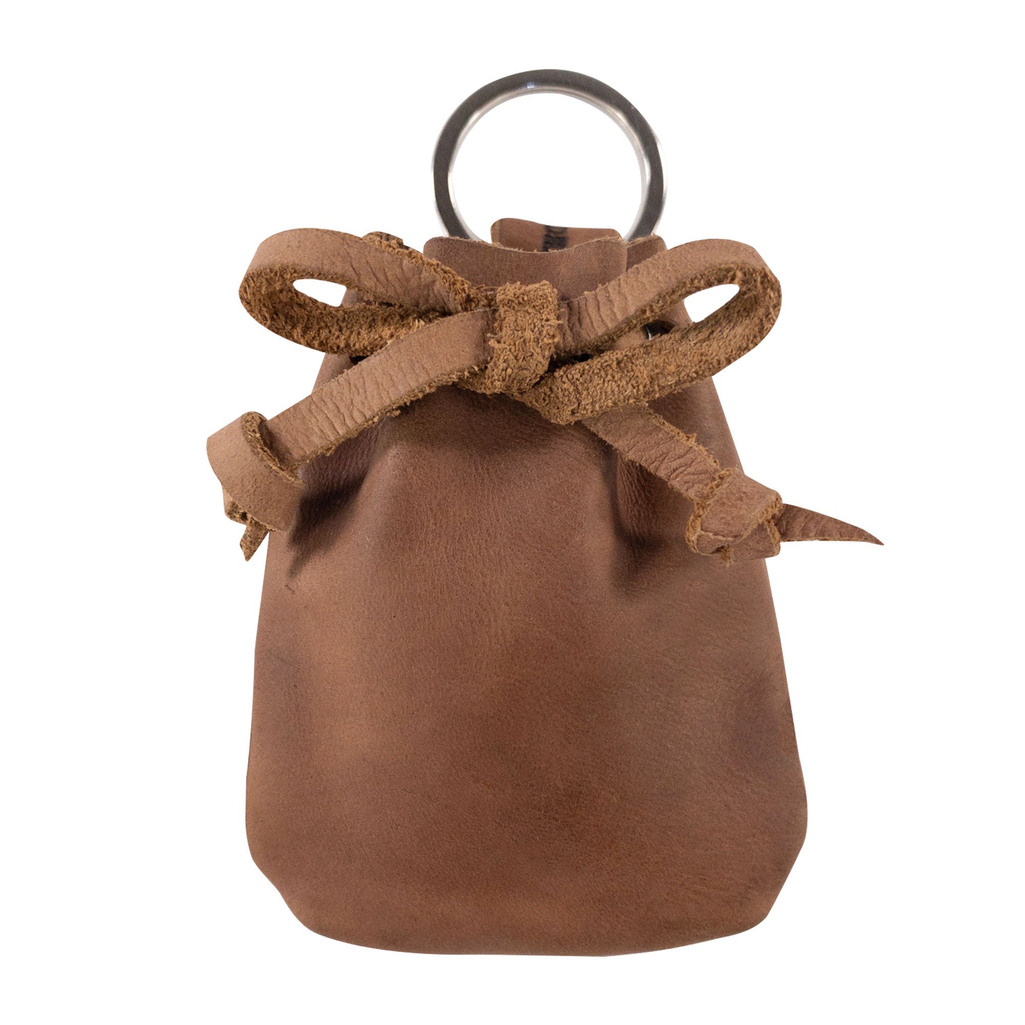 Front view of the Mini Medieval Pouch Keychain by Hide & Drink, highlighting its unique drawstring design. This tiny bag with keyring, made from premium full grain leather, excels as a coin pouch while boasting artisan, hand-cut quality from La Antigua Guatemala.