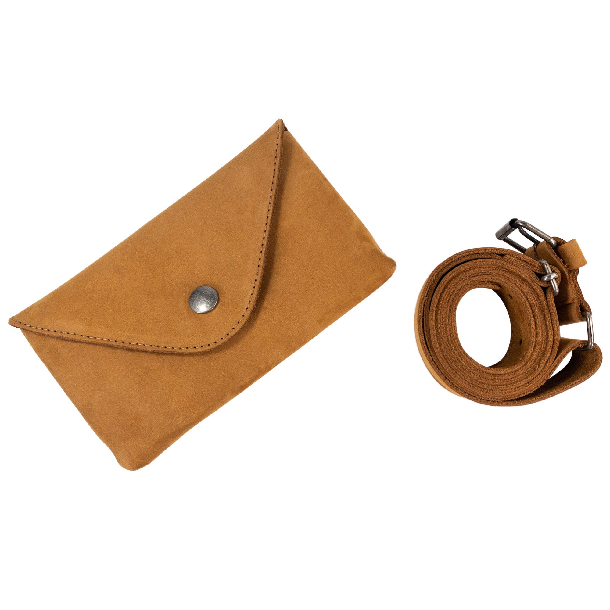Hide & Drink's Fancy Fanny Pack presented with the adjustable strap fully extended. This functional full grain leather waist pouch is ideal for digital nomads, serving as both a phone holder and vintage purse.